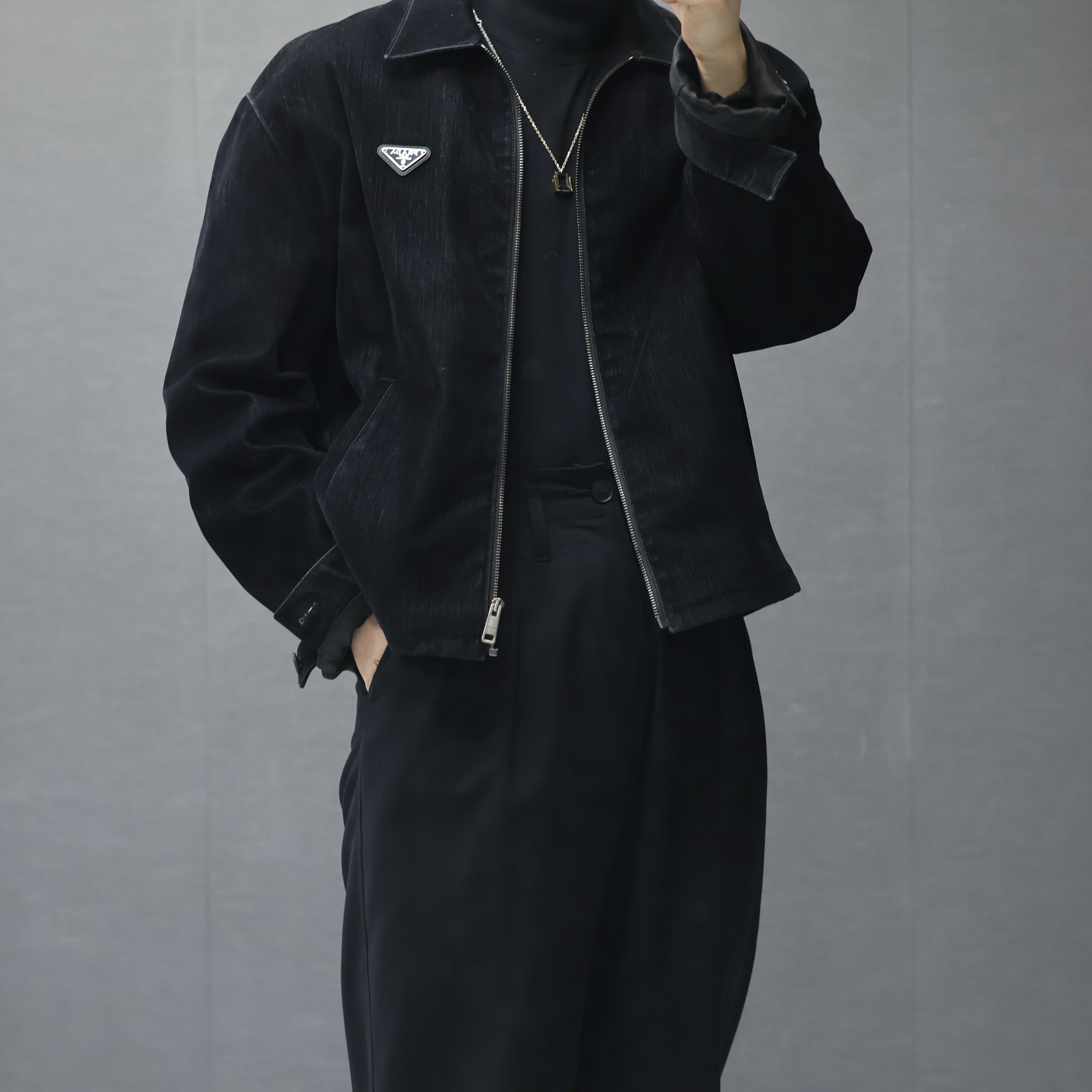 Prada Velvet Denim Blouson Jacket Black 착용 스타일
