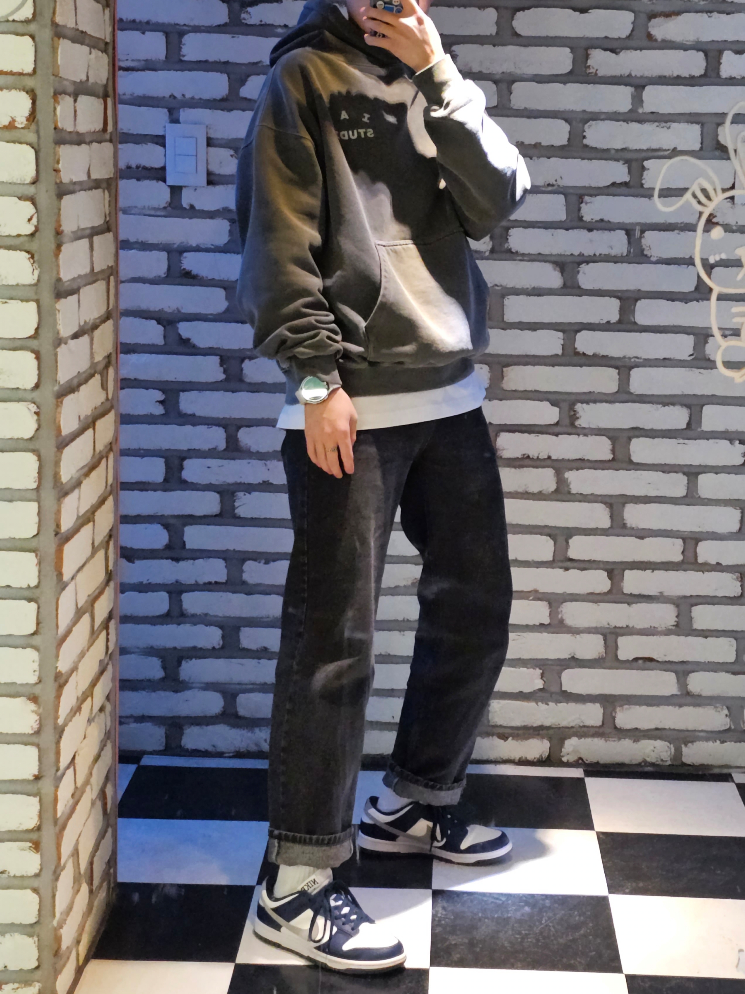 IAB Studio Pigment Hoodie & Sack Black, Nike Dunk Low Midnight Navy 착용 스타일