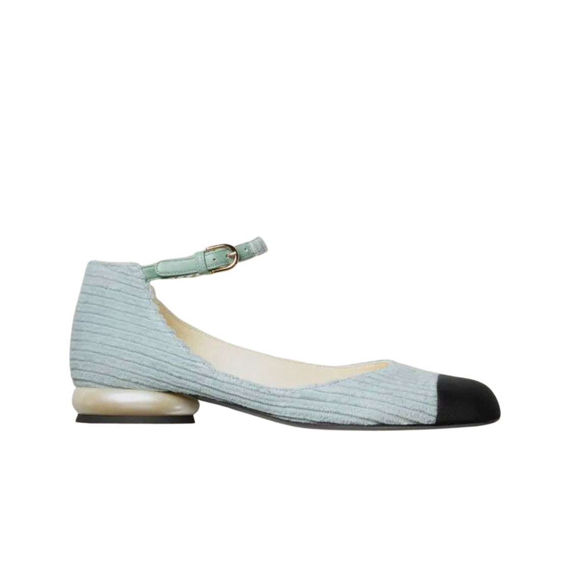 (W) 샤넬 메리 제인 코듀로이 그로그랭 이미테이션 펄 & 라이트 블루 블랙