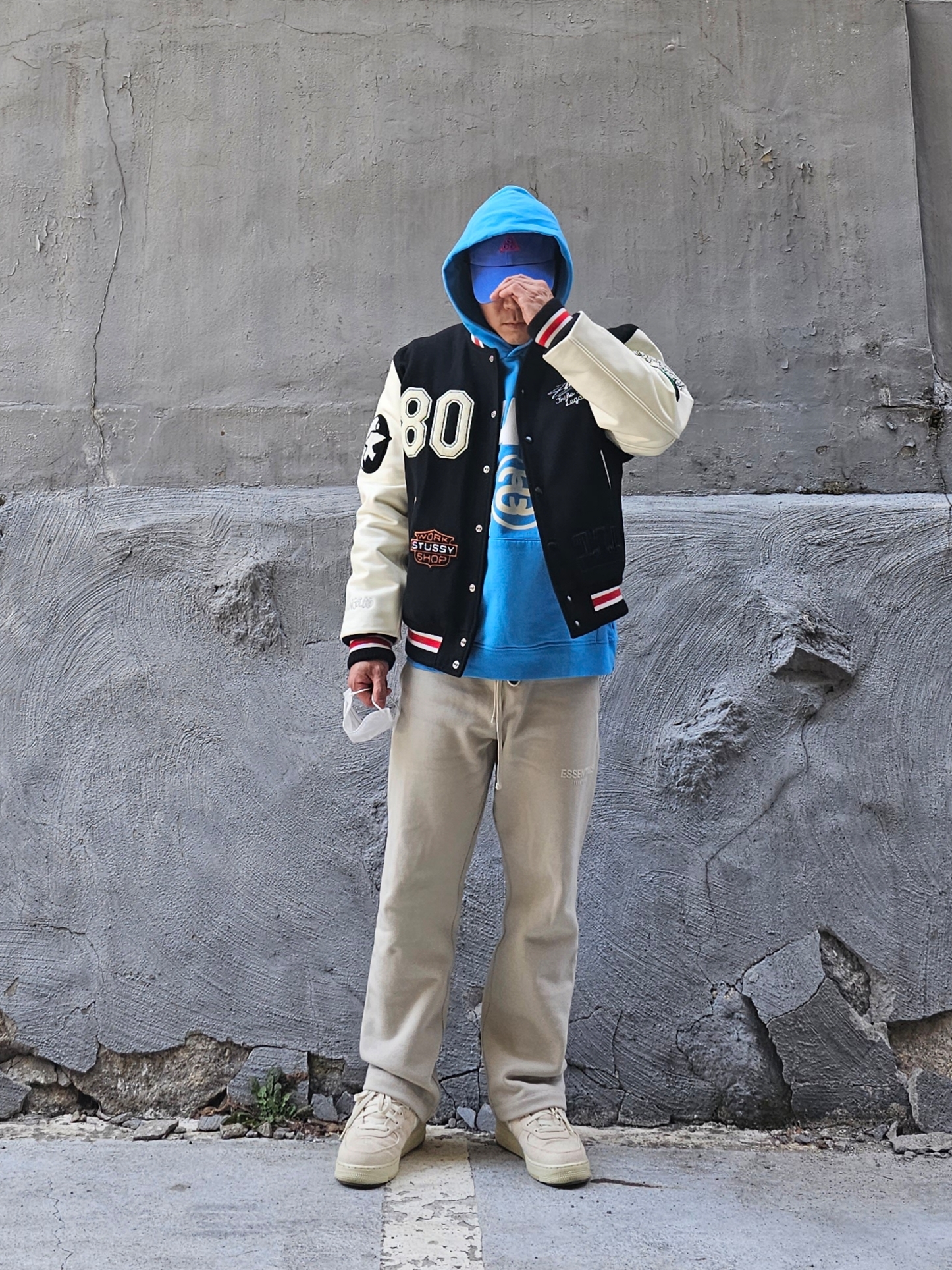 Stussy x Cactus Plant Flea Market 8 Ball Pigment Dyed Hoodie Blue, Stussy x Our Legacy x Denim Tears TTL Varsity Jacket Black 착용 스타일 - 1
