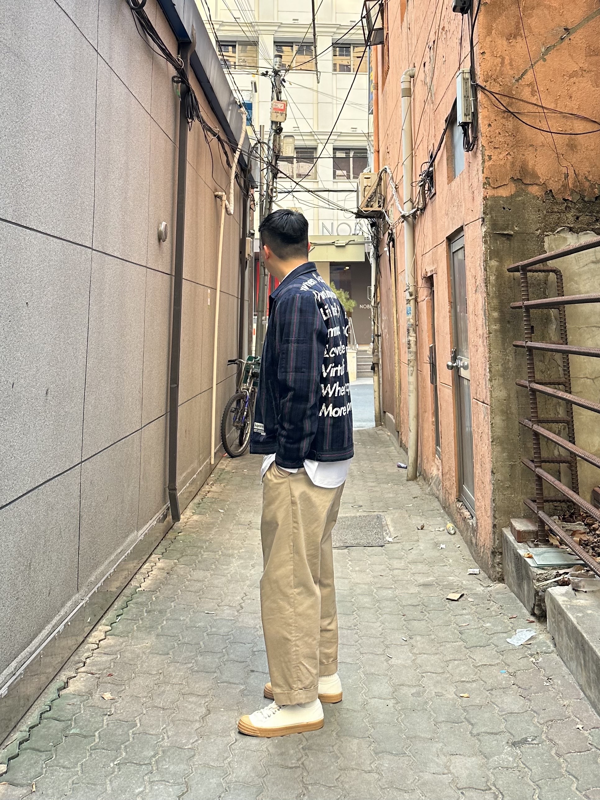 Supreme x Comme des Garcons Junya Watanabe Man Printed Work Jacket Navy Plaid - 21FW 착용 스타일 - 2
