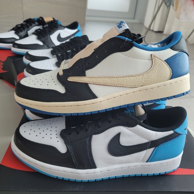 Jordan 1 x Travis Scott x Fragment Retro Low OG SP Military Blue, Jordan 1 Retro Low OG Black and Dark Powder Blue 착용 스타일