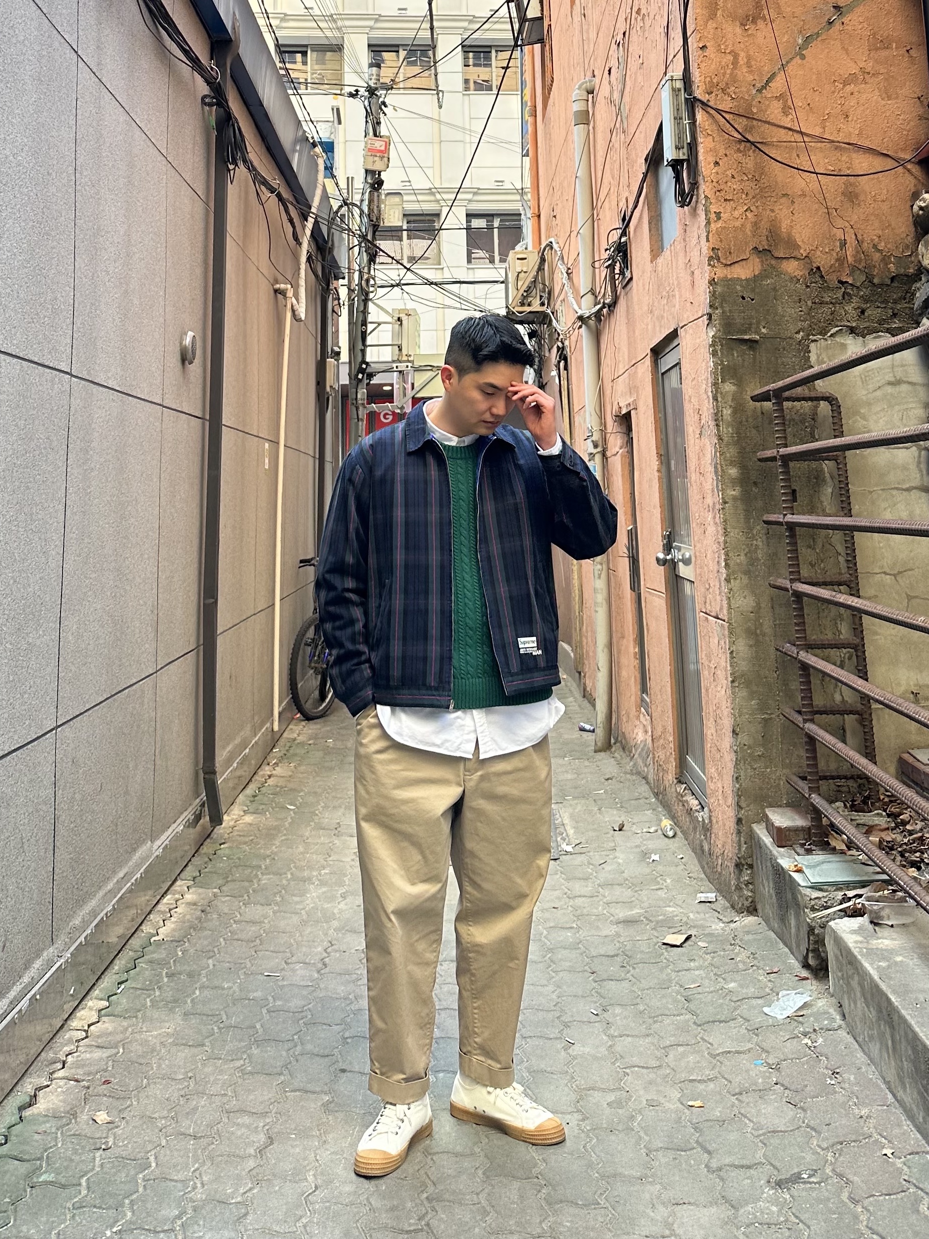 Supreme x Comme des Garcons Junya Watanabe Man Printed Work Jacket Navy Plaid - 21FW 착용 스타일 - 1
