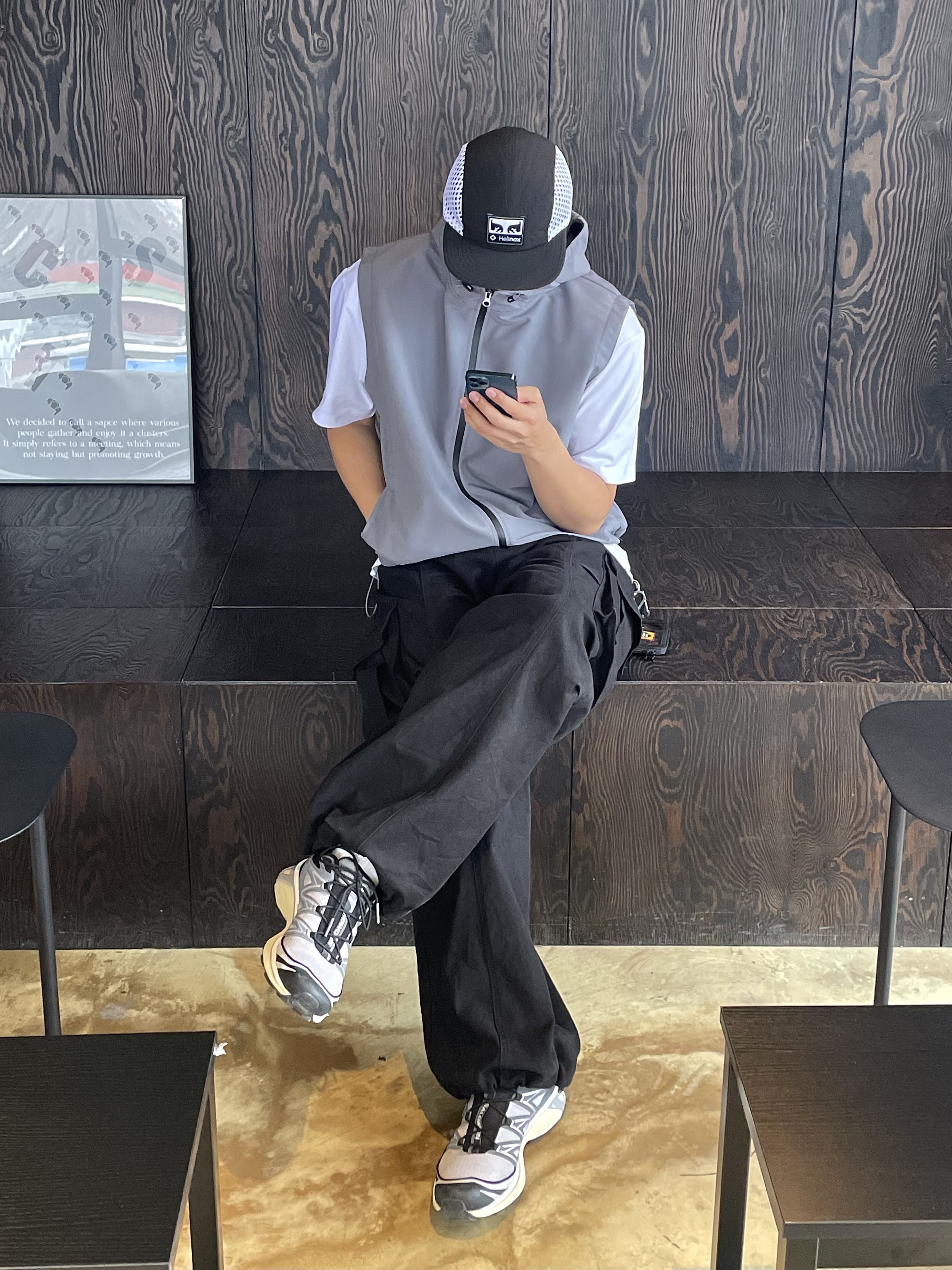 Helinox x Obey Camp Cap Black, Salomon XT-6 Expanse Alloy Quiet Shade 착용 스타일 - 1