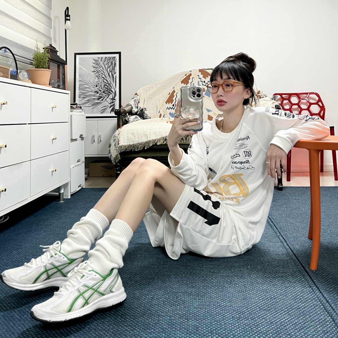 Asics Jog 100 S White Green - 2E Wide 착용 스타일 - 1