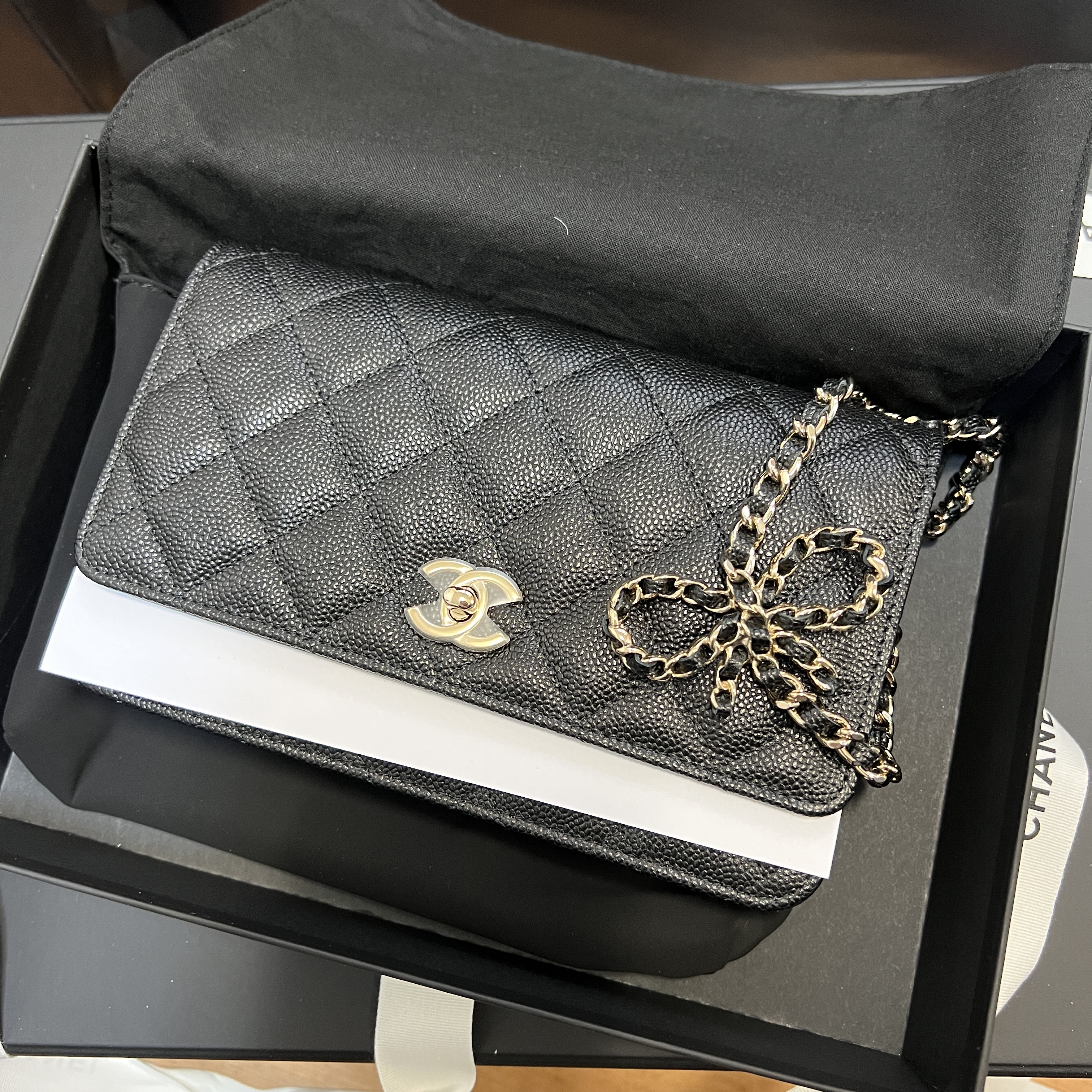 Chanel Wallet On Chain Grained Calfskin & Gold Black 착용 스타일