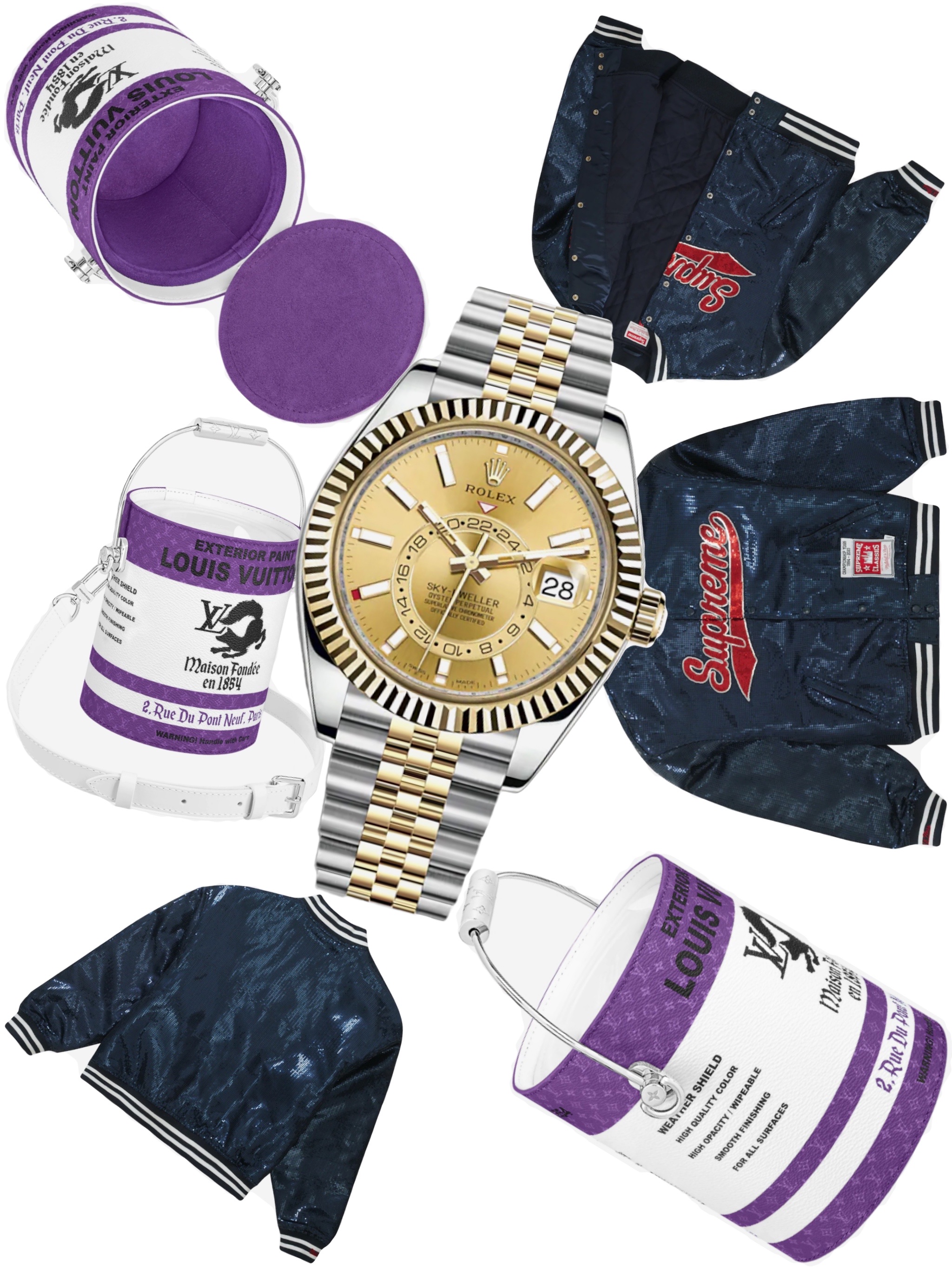 Rolex Sky-Dweller 42mm 326933 Champagne Jubilee, Louis Vuitton LV Paint Can Purple 착용 스타일 - 1