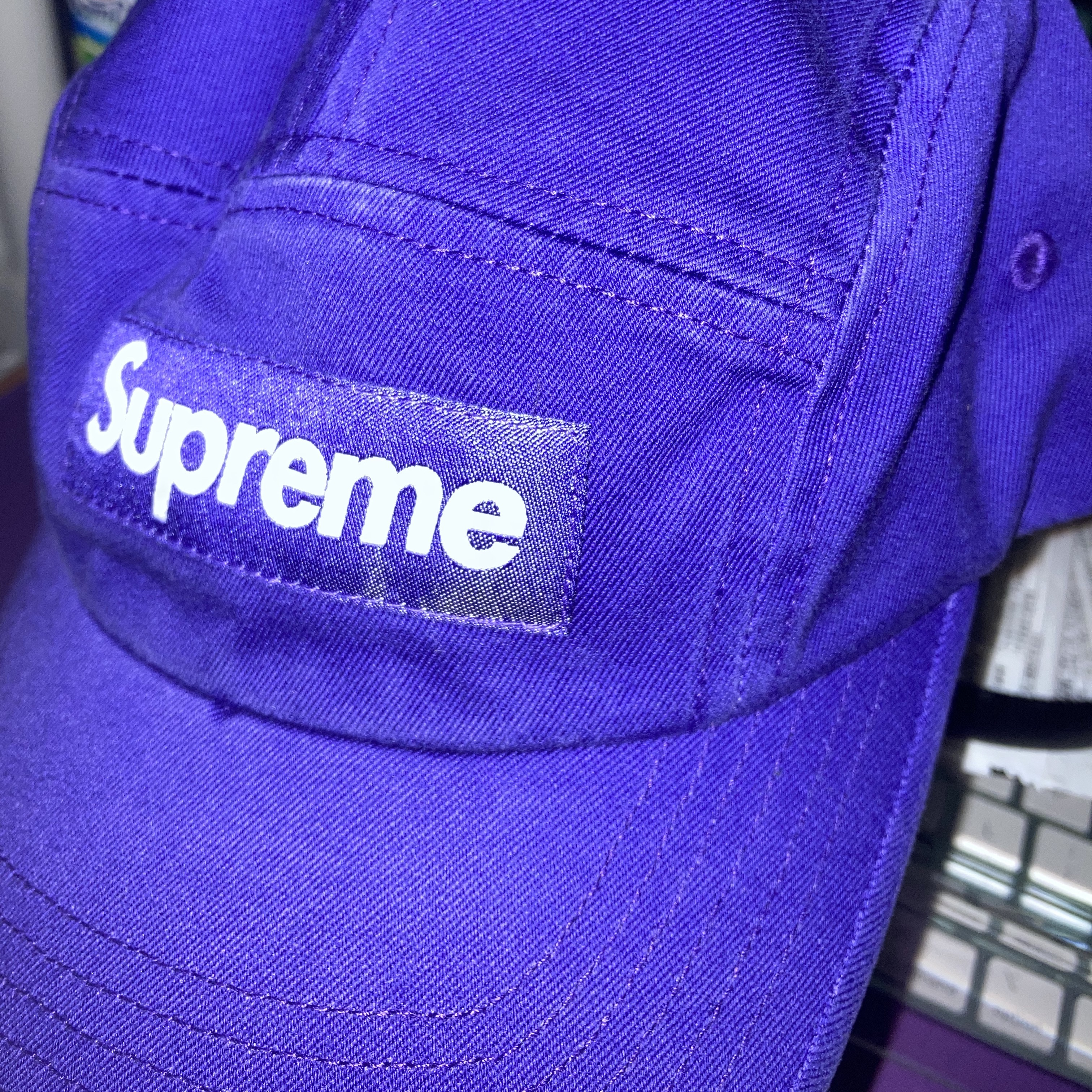 Supreme Washed Chino Twill Camp Cap Purple - 23SS 착용 스타일
