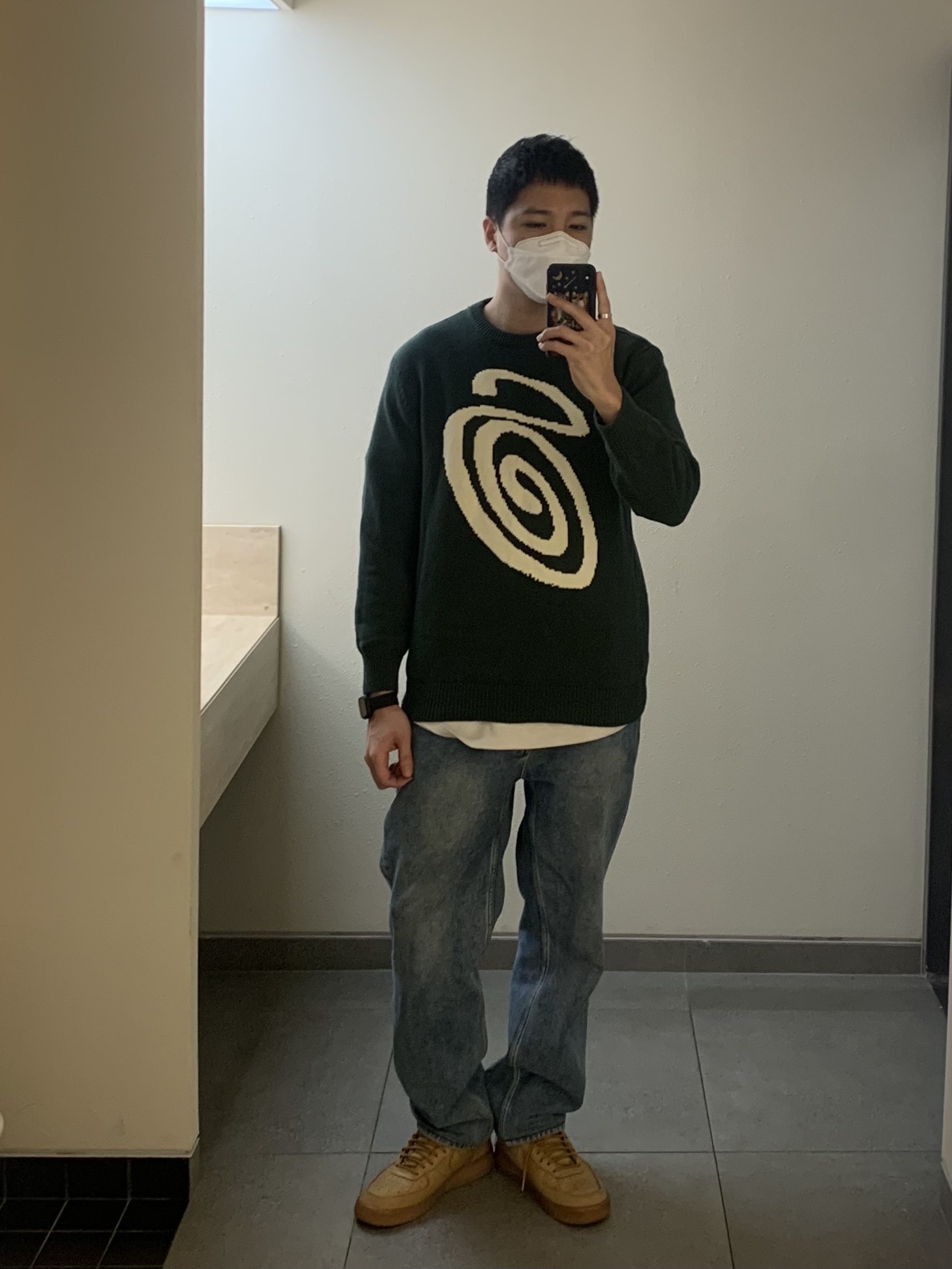 Stussy Curly S Sweater Green, Nike Air Force 1 High Wheat 2015 착용 스타일