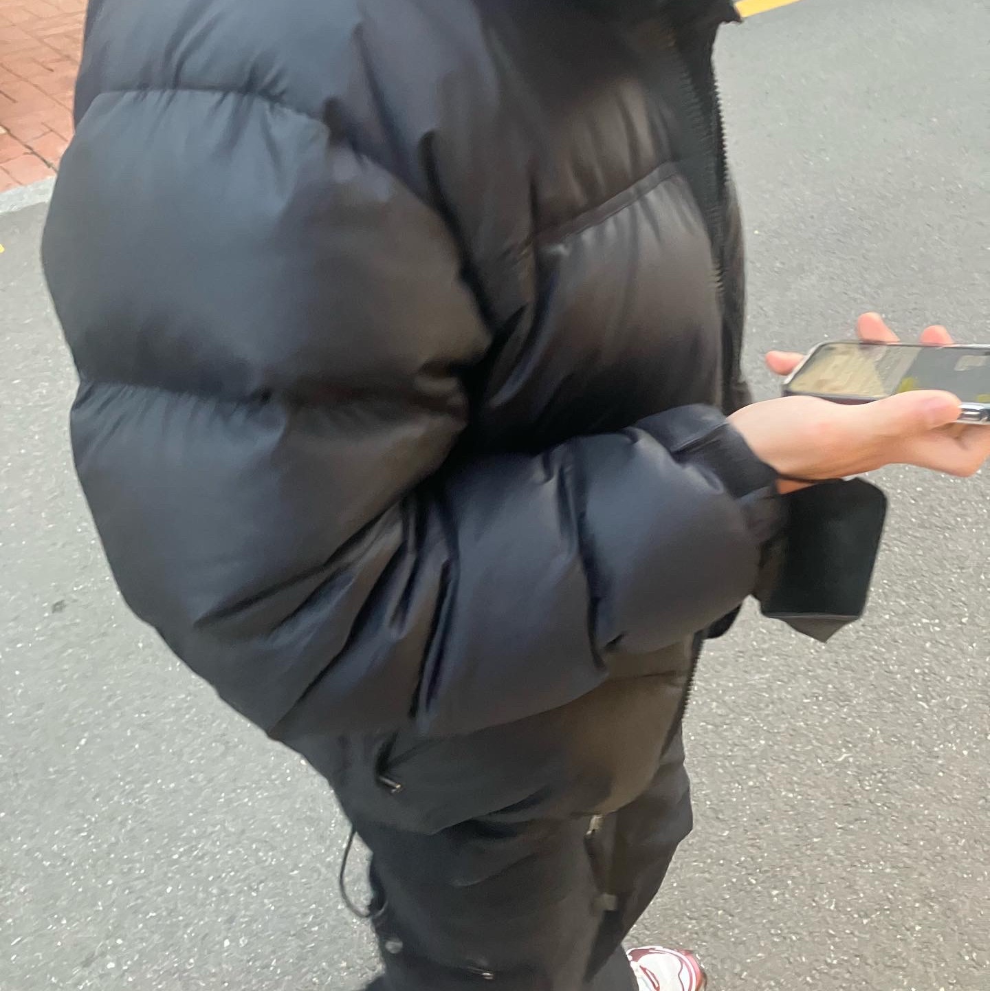 Balenciaga Runner Sneakers Grey Burgundy, The North Face 1996 Retro Nuptse Jacket Black 착용 스타일 - 4