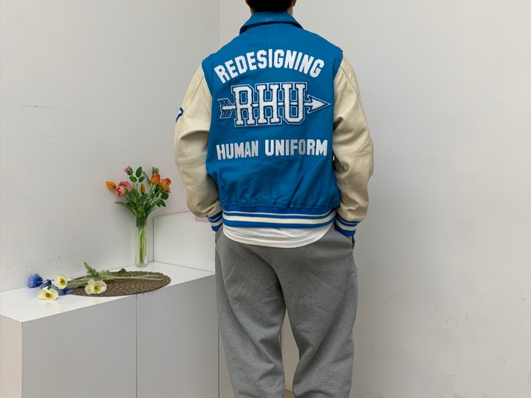 Zara x Rhuigi Leather Bomber Jacket Blue, Nike x Stussy NRG Fleece Pants Dark Grey Heather (DO9340-063) 착용 스타일