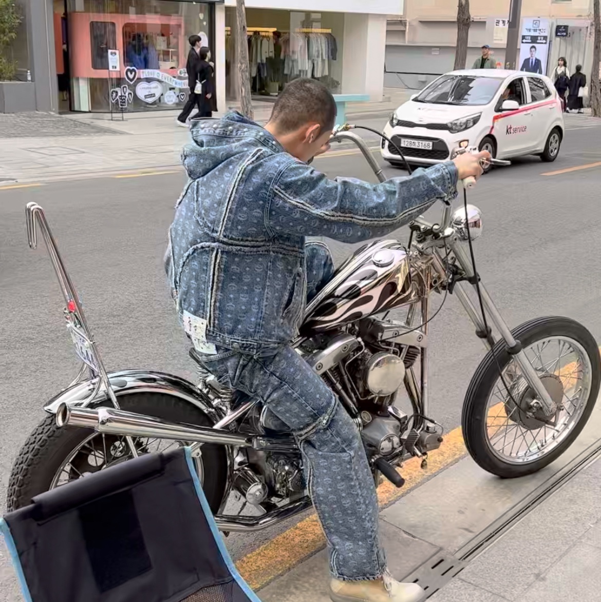 Thug Club x MCM Bullet Denim Jacket Blue 착용 스타일