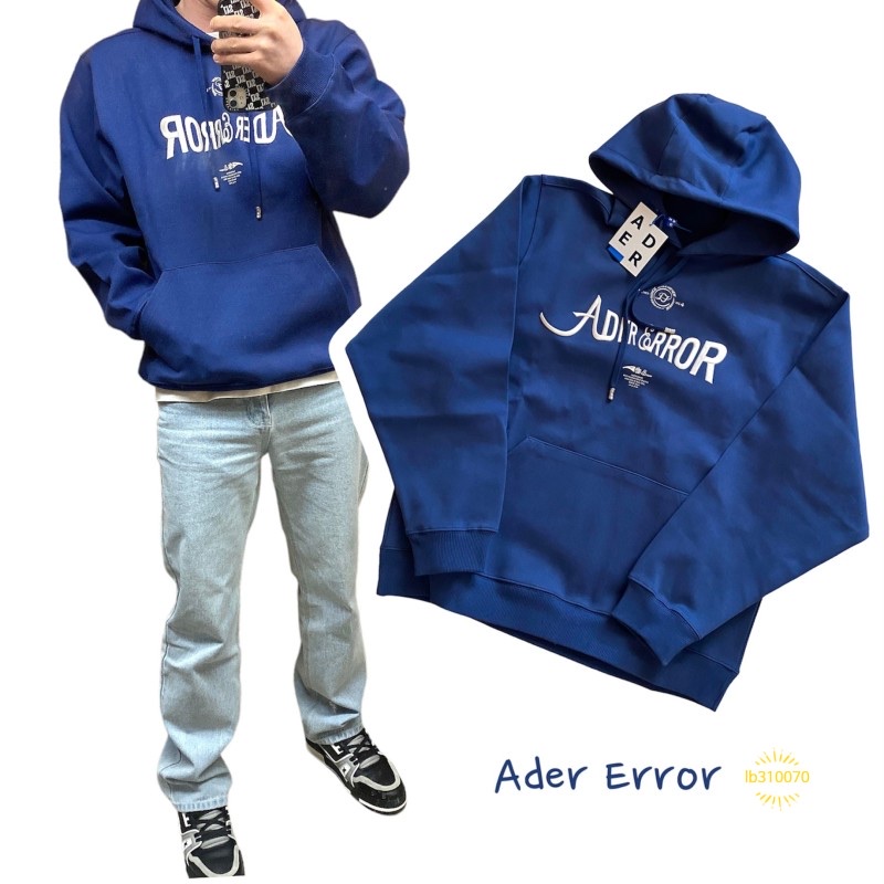 Ader Error Verif Logo Hoodie Navy 착용 스타일 - 1