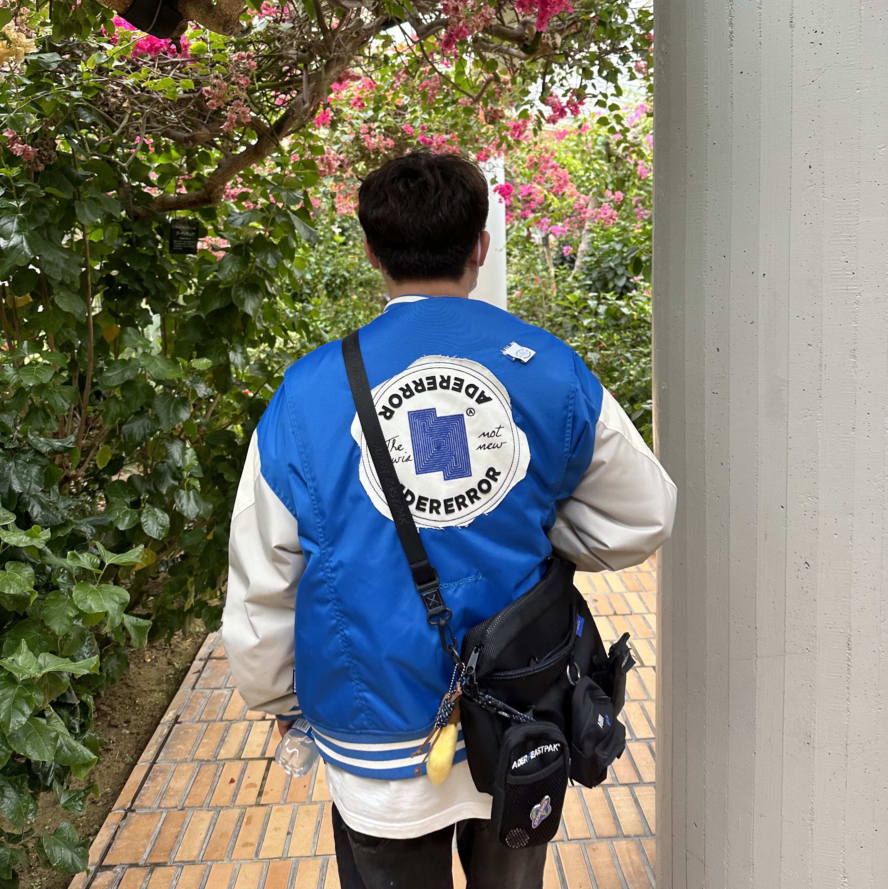 Converse x Ader Error Shapes Varsity Jacket Cobalt 착용 스타일