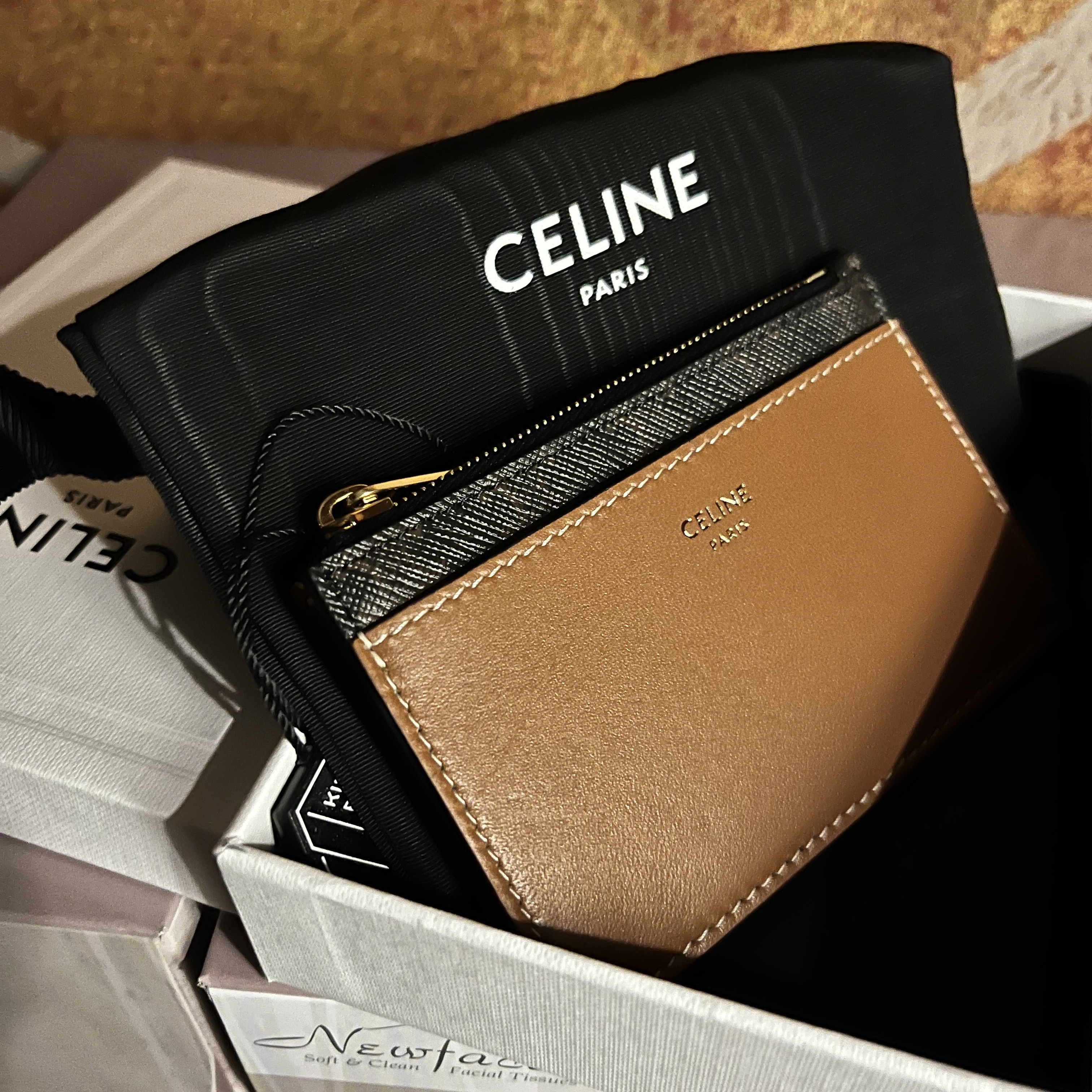 Celine Zipped Card Holder in Triomphe Canvas and Lambskin Tan 착용 스타일