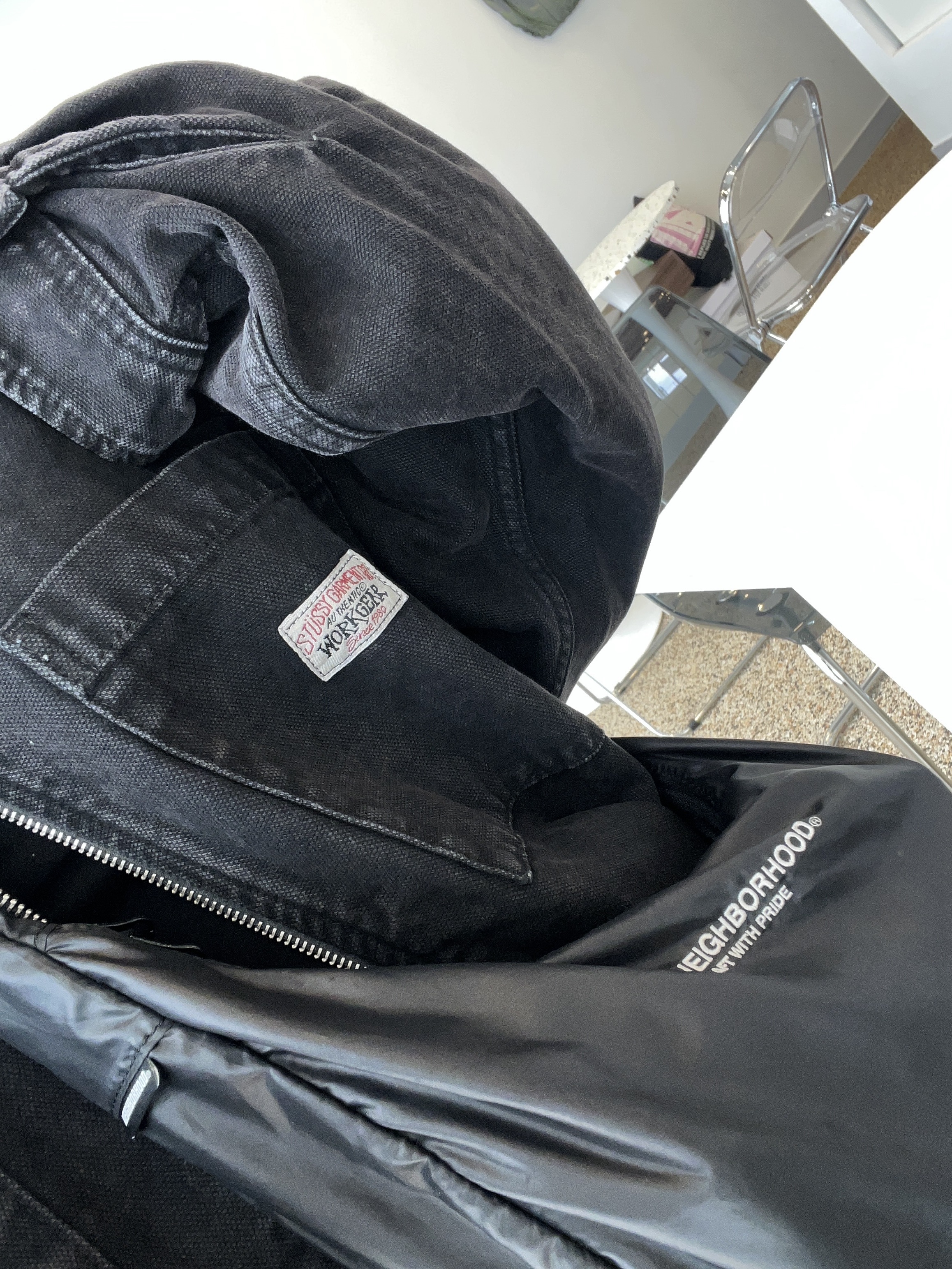Stussy Washed Canvas Zip Shirt Black, Nike x Supreme Air Force 1 Low Flax 착용 스타일 - 2