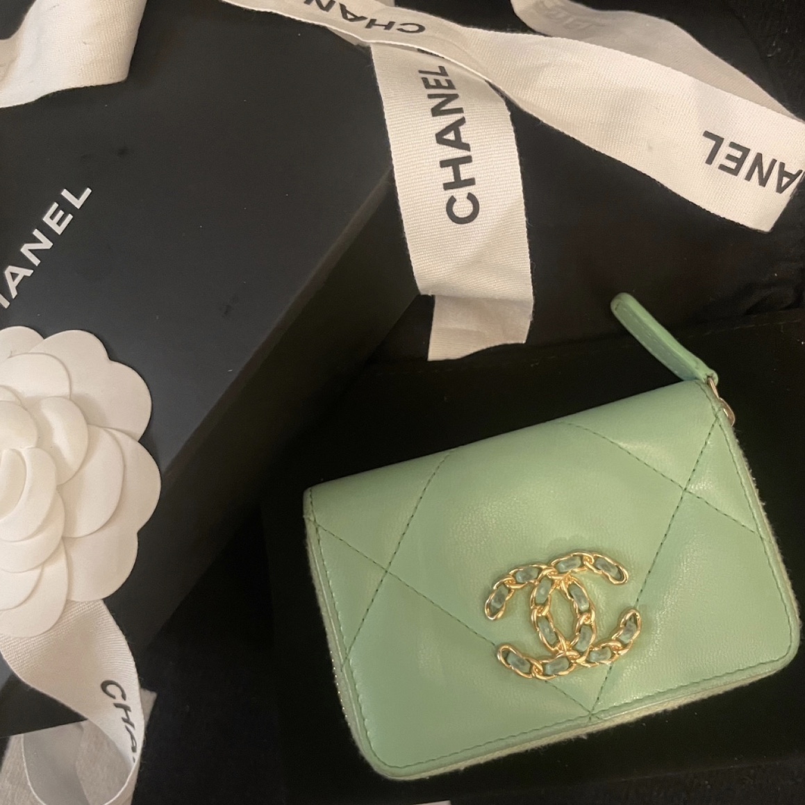 Chanel 19 Zipped Coin Purse Lambskin & Gold Black 착용 스타일 - 4