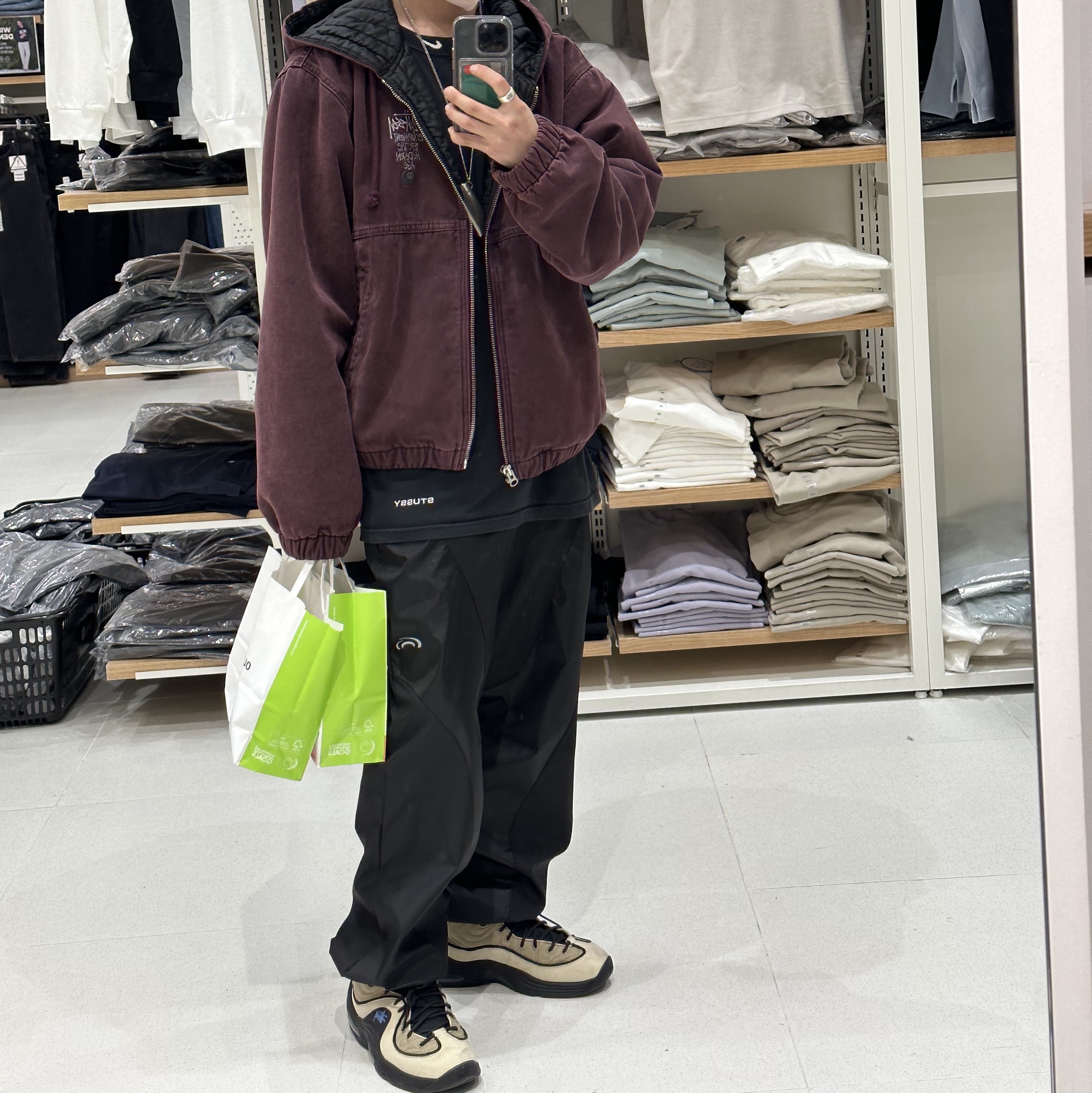 Stussy Canvas Insulated Work Jacket Purple, Nike x Stussy Air Penny II Rattan and Limestone 착용 스타일