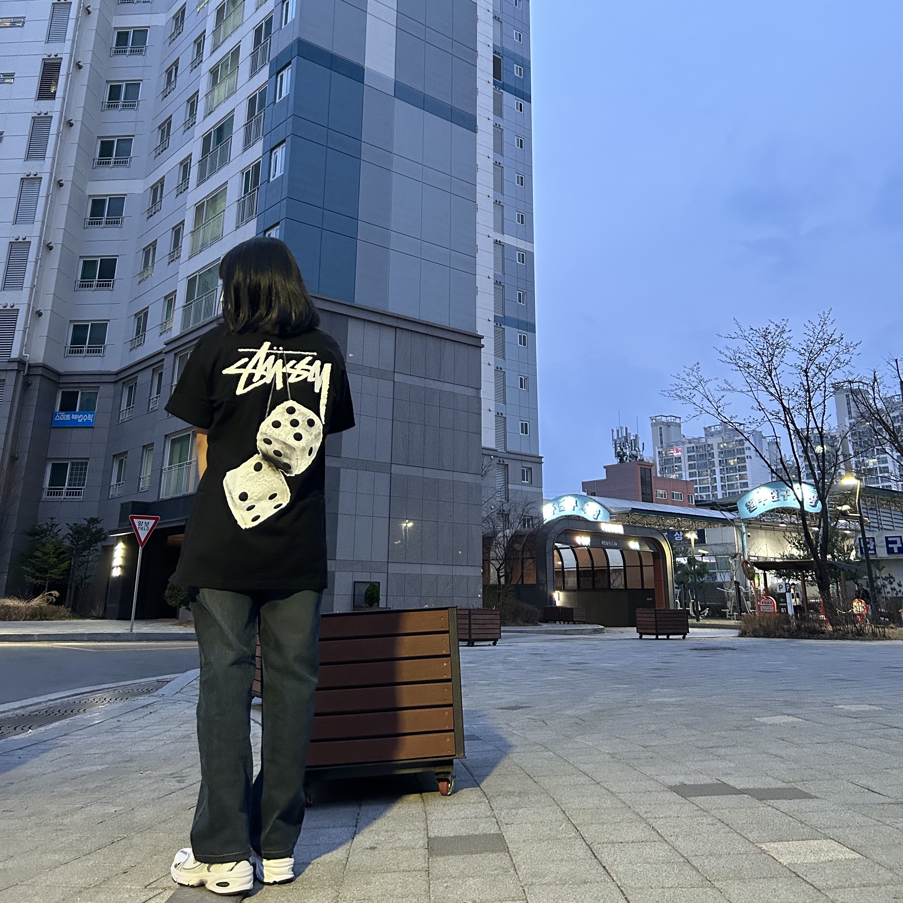 Stussy Fuzzy Dice T-Shirt Black, New Balance 530 White 착용 스타일