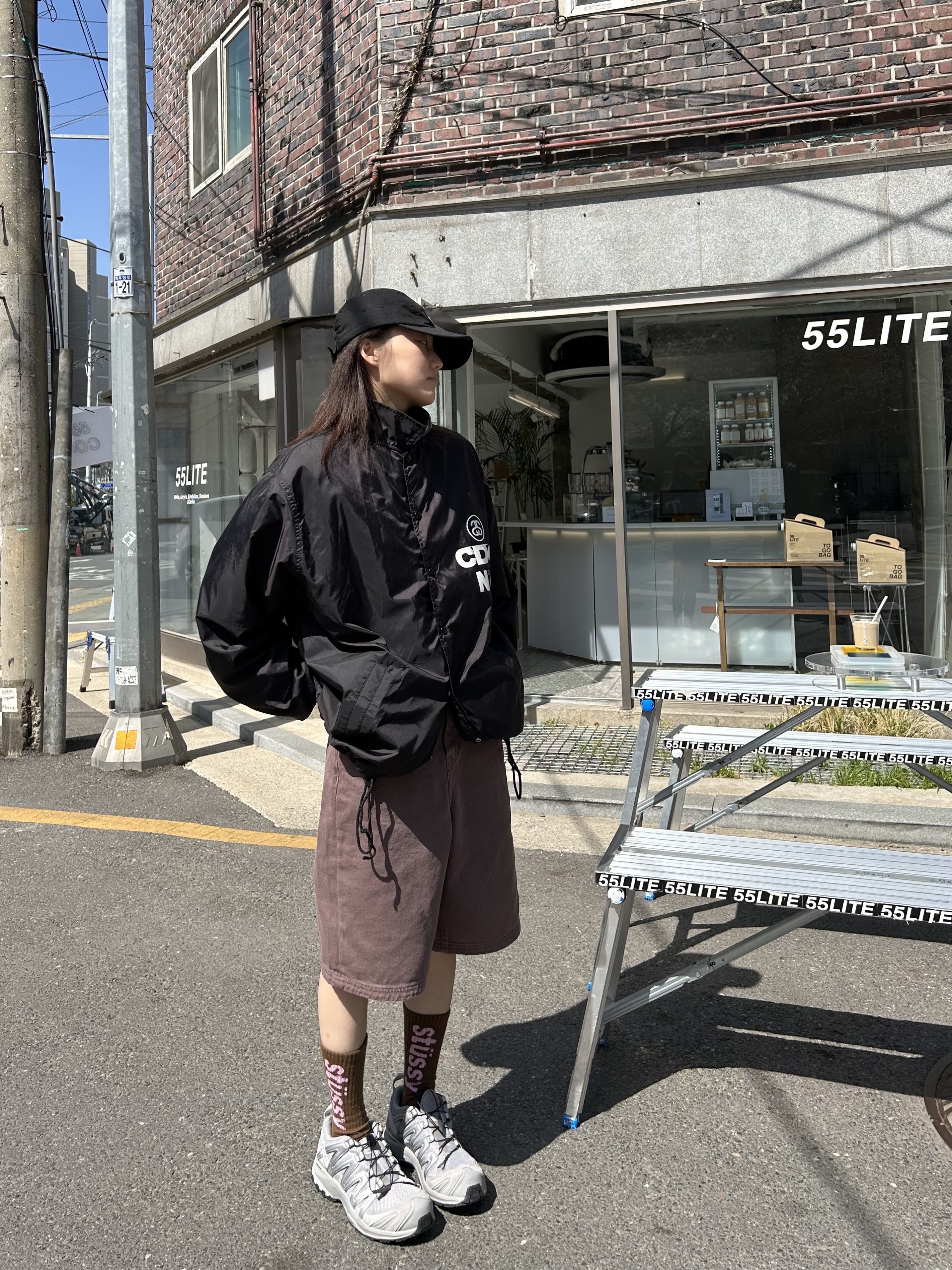 Salomon XA Pro 3D Alloy Silver, CDG x Stussy Coach Jacket Black 착용 스타일