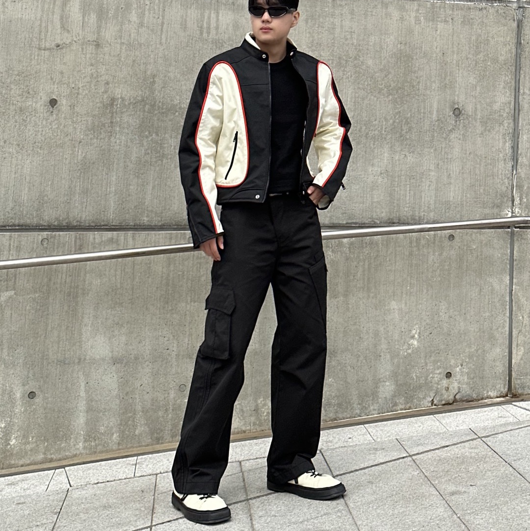 Diesel J-Blink Biker Jacket in Colour-Block Nylon Black White 착용 스타일 - 2