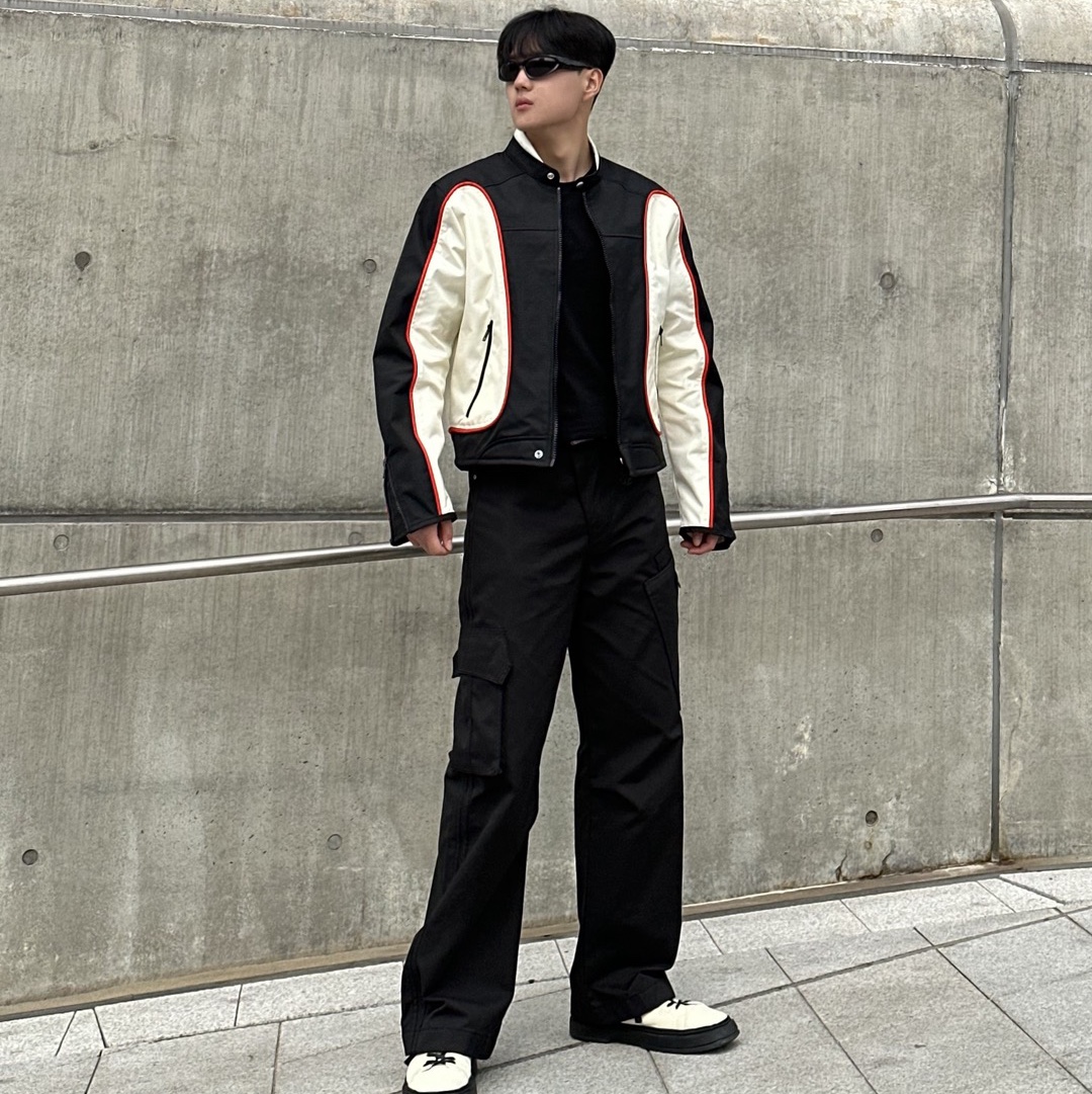Diesel J-Blink Biker Jacket in Colour-Block Nylon Black White 착용 스타일 - 1