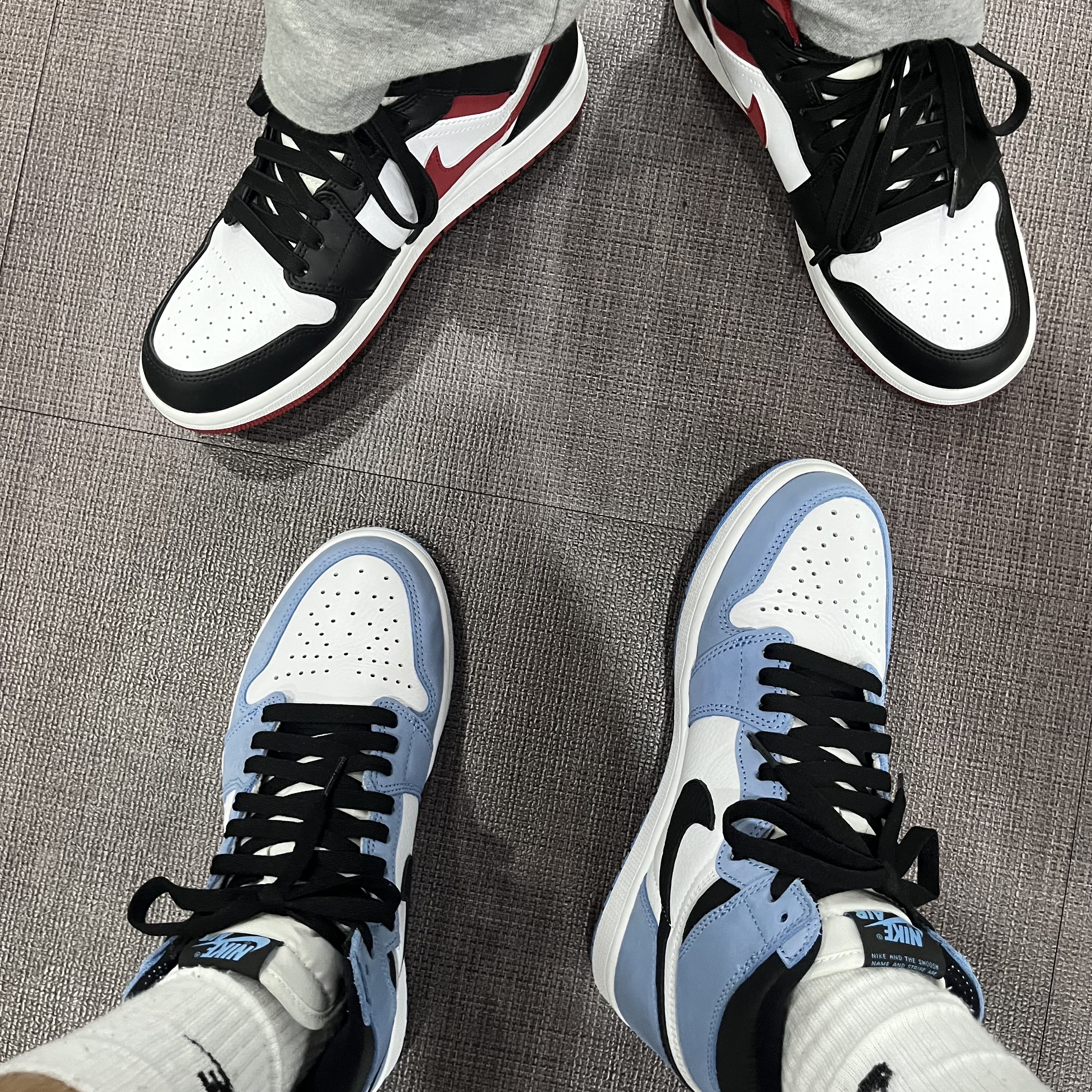 Jordan 1 Mid Gym Red Black White, Jordan 1 Retro High OG University Blue 착용 스타일
