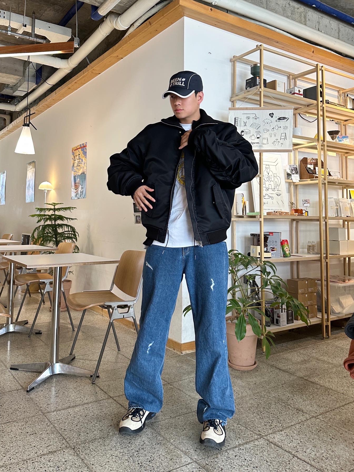 Nike x Stussy Air Penny II Rattan and Limestone, [KREAM 단독] STU Overfit Collar Bomber Black 착용 스타일 - 2