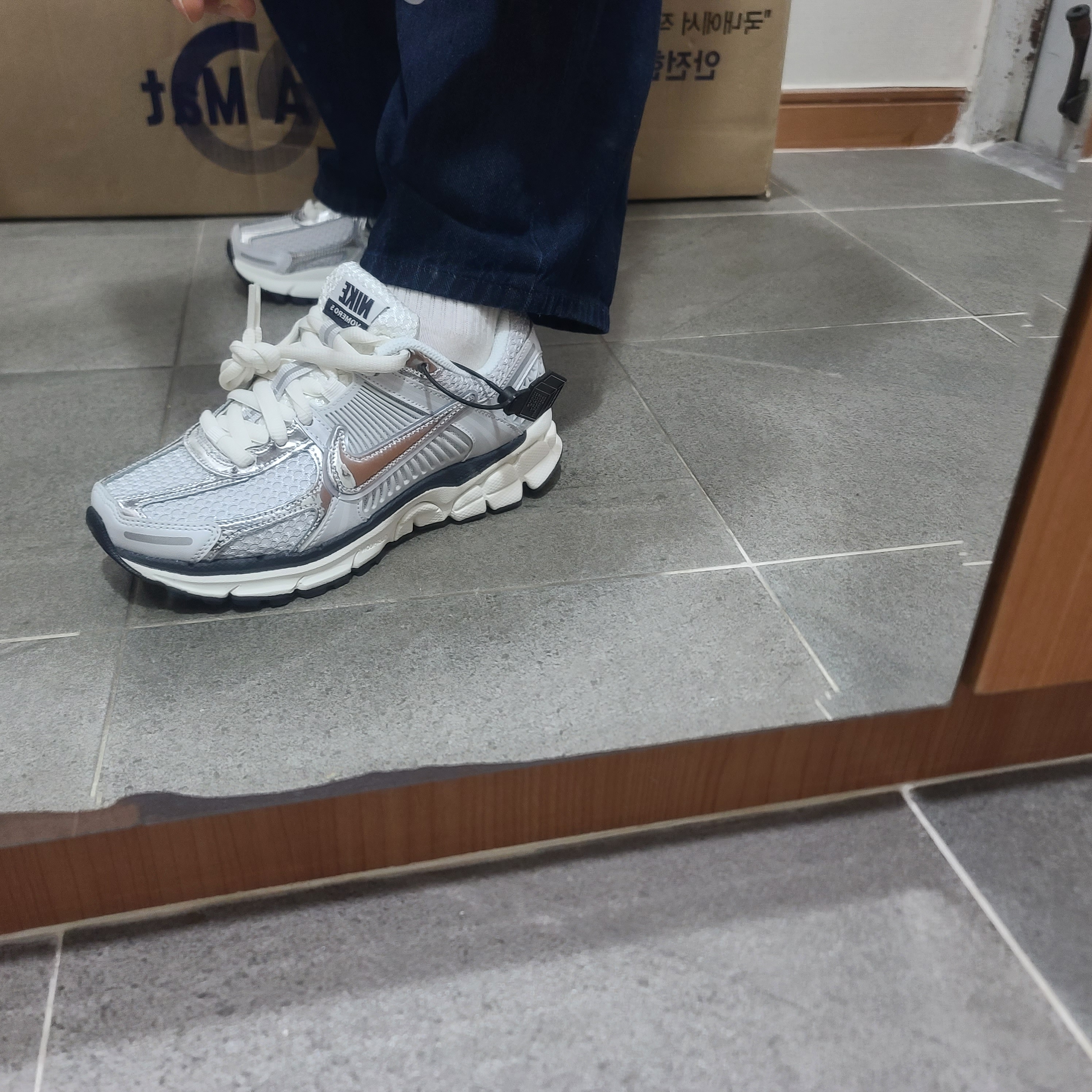 (W) Nike Zoom Vomero 5 Photon Dust and Metallic Silver 착용 스타일 - 4
