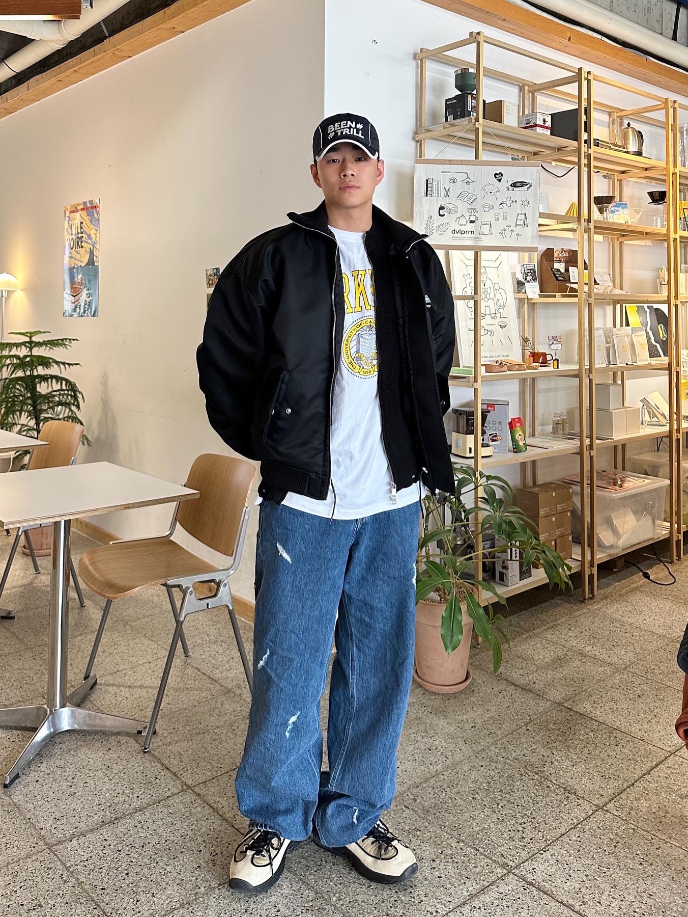 Nike x Stussy Air Penny II Rattan and Limestone, [KREAM 단독] STU Overfit Collar Bomber Black 착용 스타일 - 1