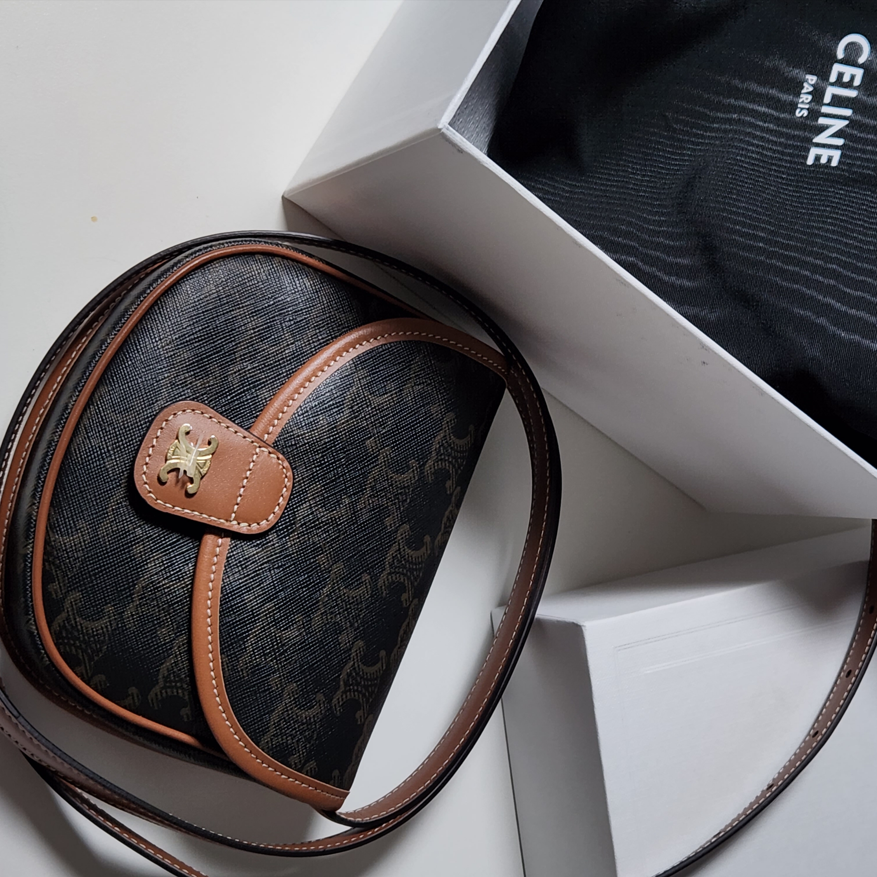 Celine Mini Besace in Triomphe Canvas and Calfskin Tan 착용 스타일 - 2
