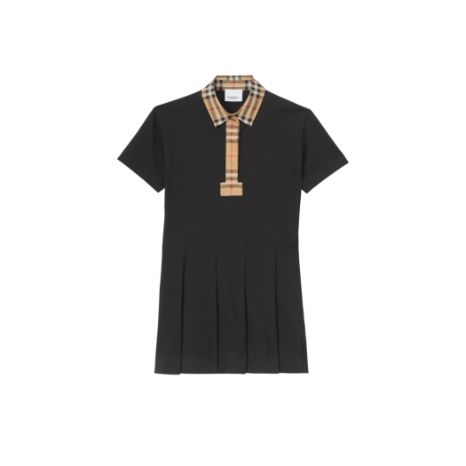 (키즈) 버버리 빈티지 체크 아이콘 트리밍 코튼 피케 폴로 셔츠 드레스 블랙