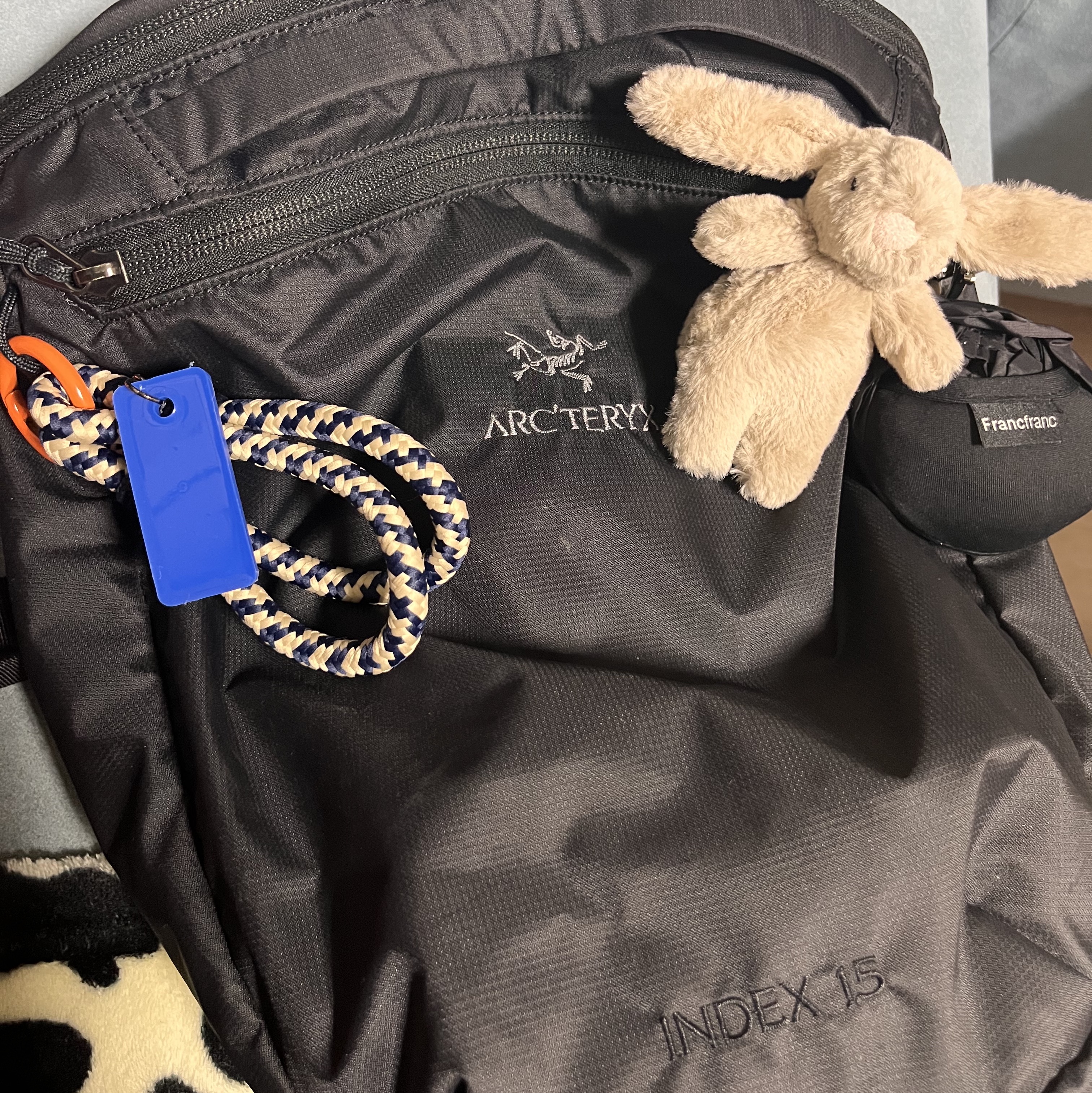 Arc'teryx Index 15 Backpack Black, Jellycat Bashful Bunny Bag Charm Beige 착용 스타일