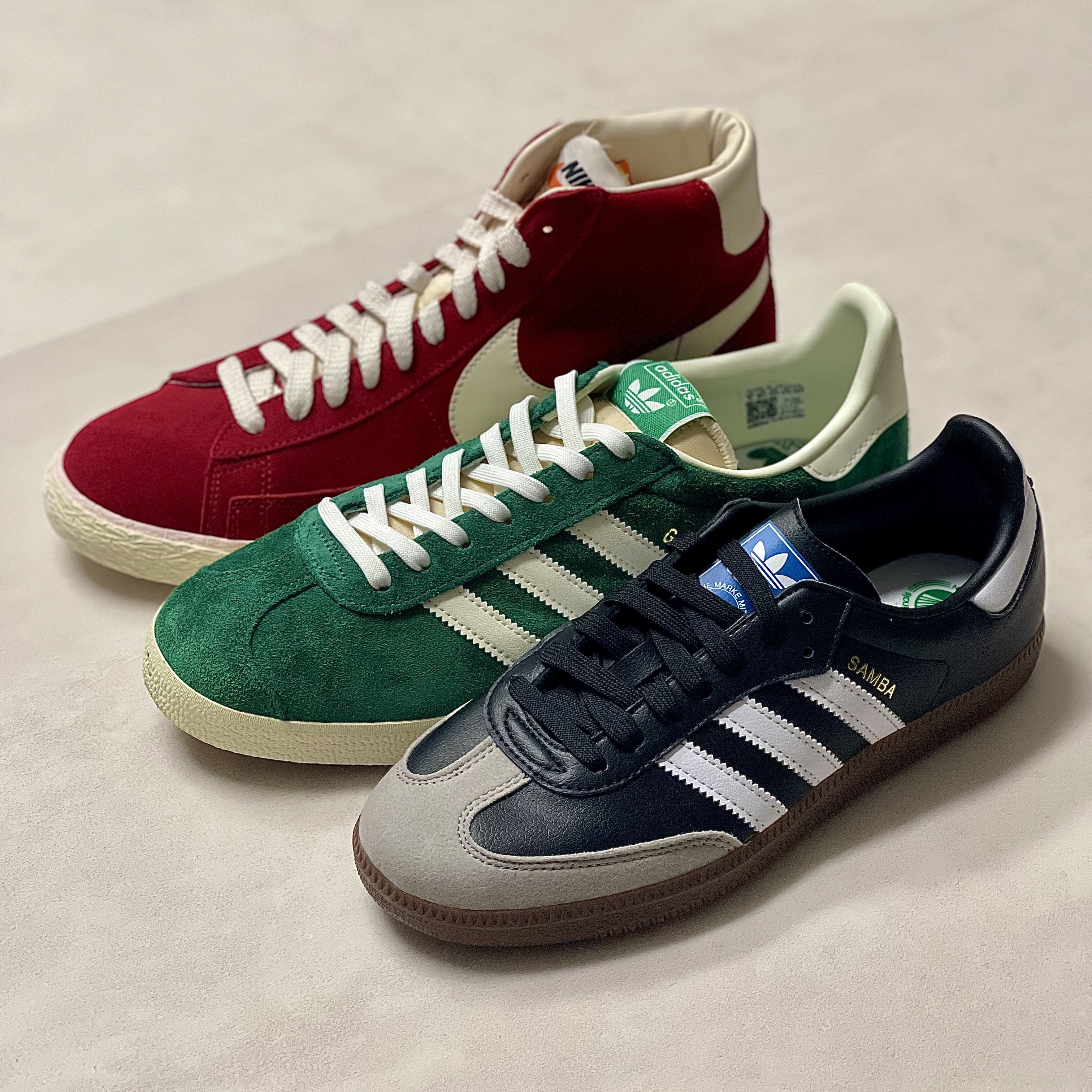 Adidas Gazelle Dark Green Cream White, Adidas Samba Vegan Black White 착용 스타일