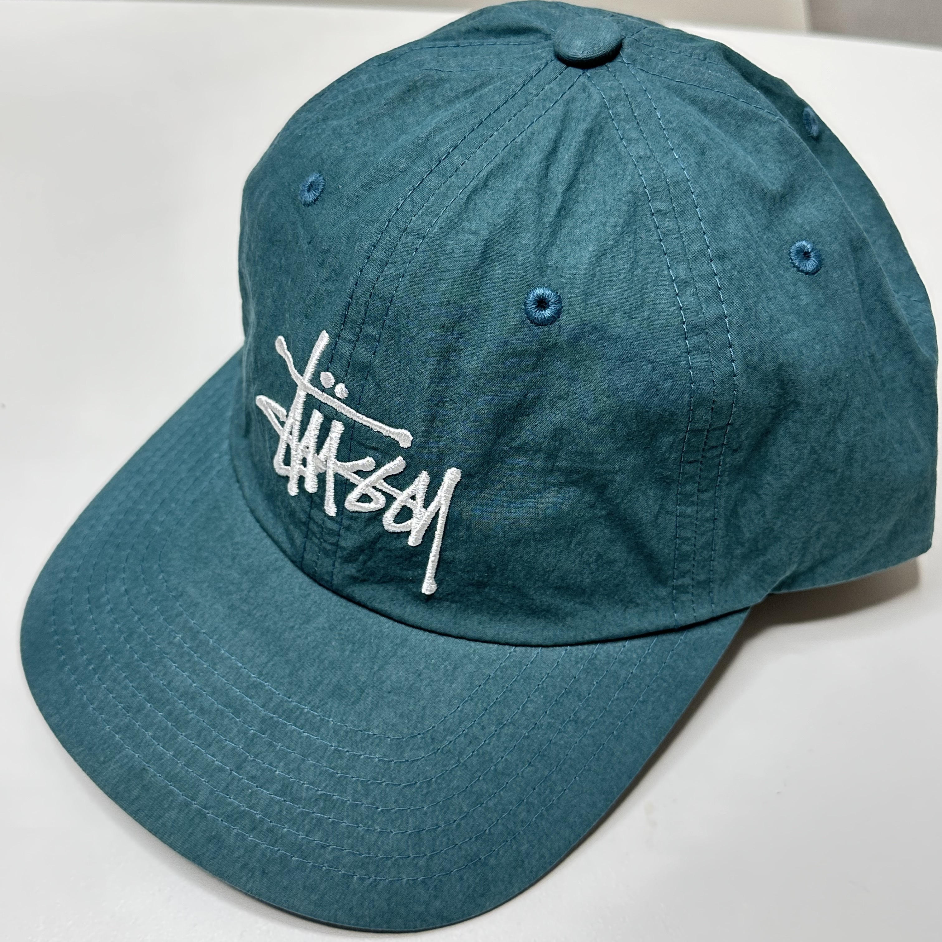 Stussy Bio Washed Big Logo Low Pro Cap Dark Teal, Stussy Washed Stock Low Pro Cap Charcoal 착용 스타일 - 3