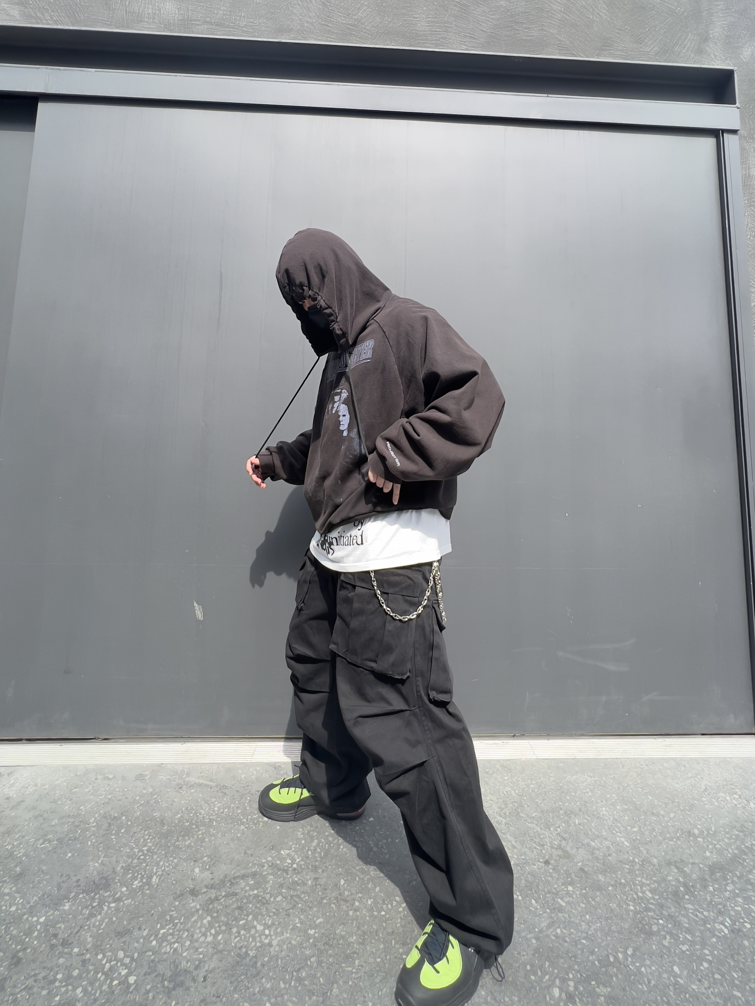 Project G/R Mind Slaughter Vintage Washeed Hoodie Black, Nike x Stussy Air Penny II Vivid Green and Black 착용 스타일 - 2