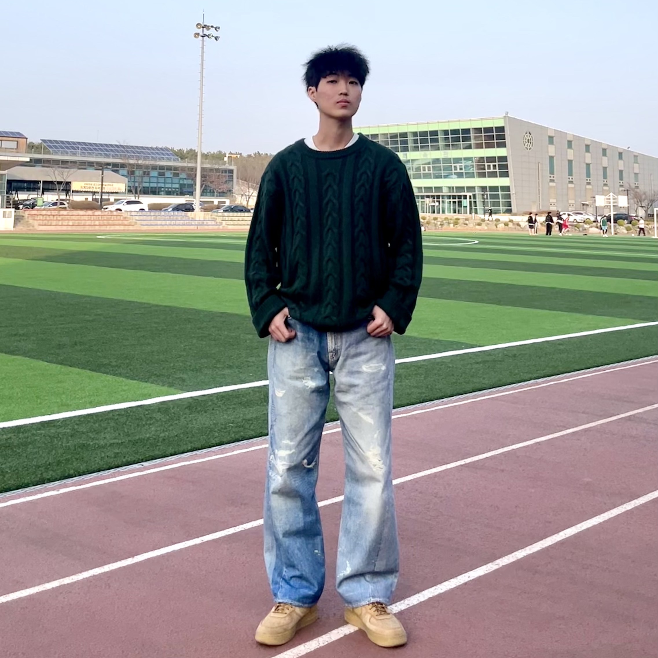 Our Legacy Third Cut Digital Denim Print, Nike Air Force 1 '07 WB Flax 착용 스타일 - 1