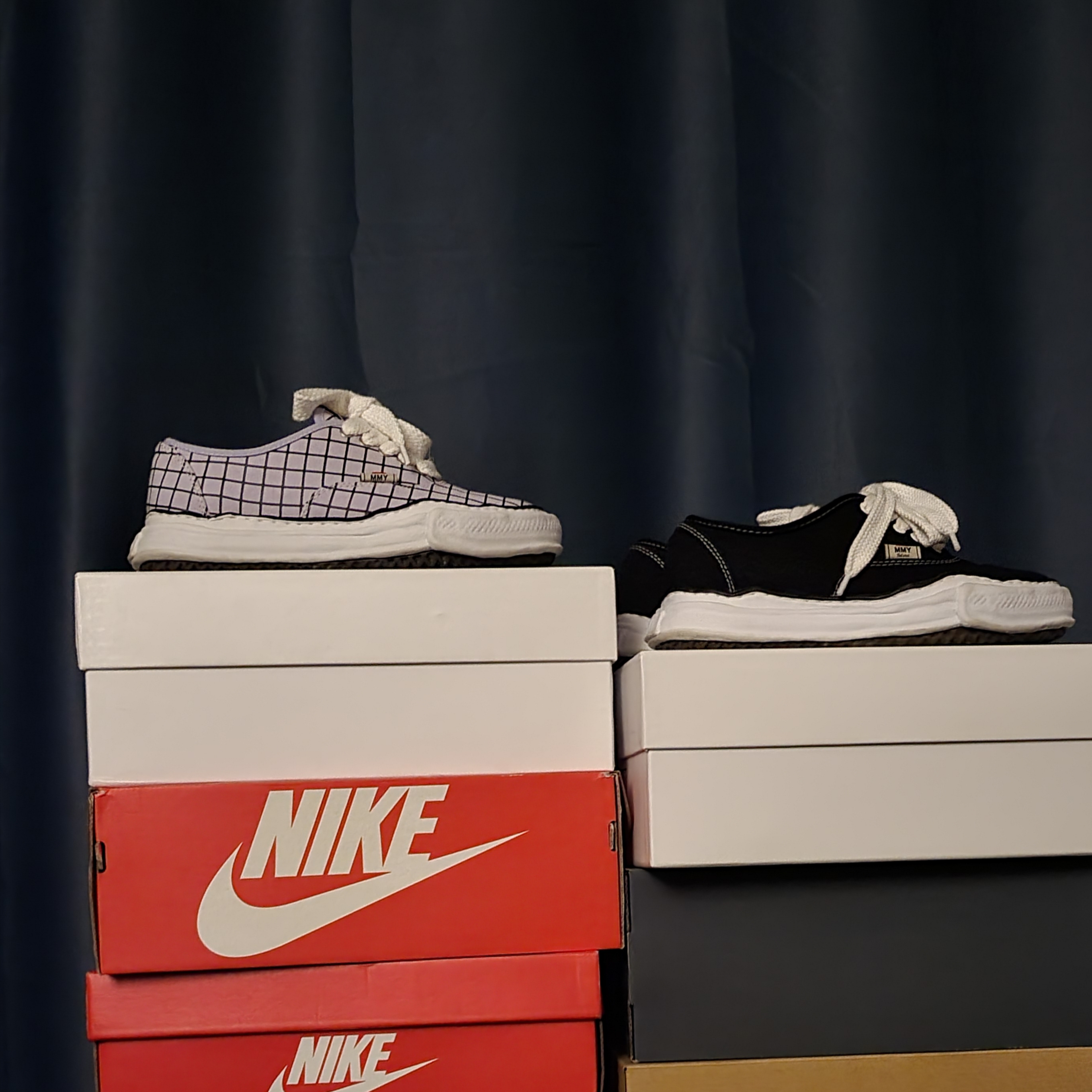Maison Mihara Yasuhiro Baker OG Sole Canvas Check Low-top Sneakers Purple 착용 스타일