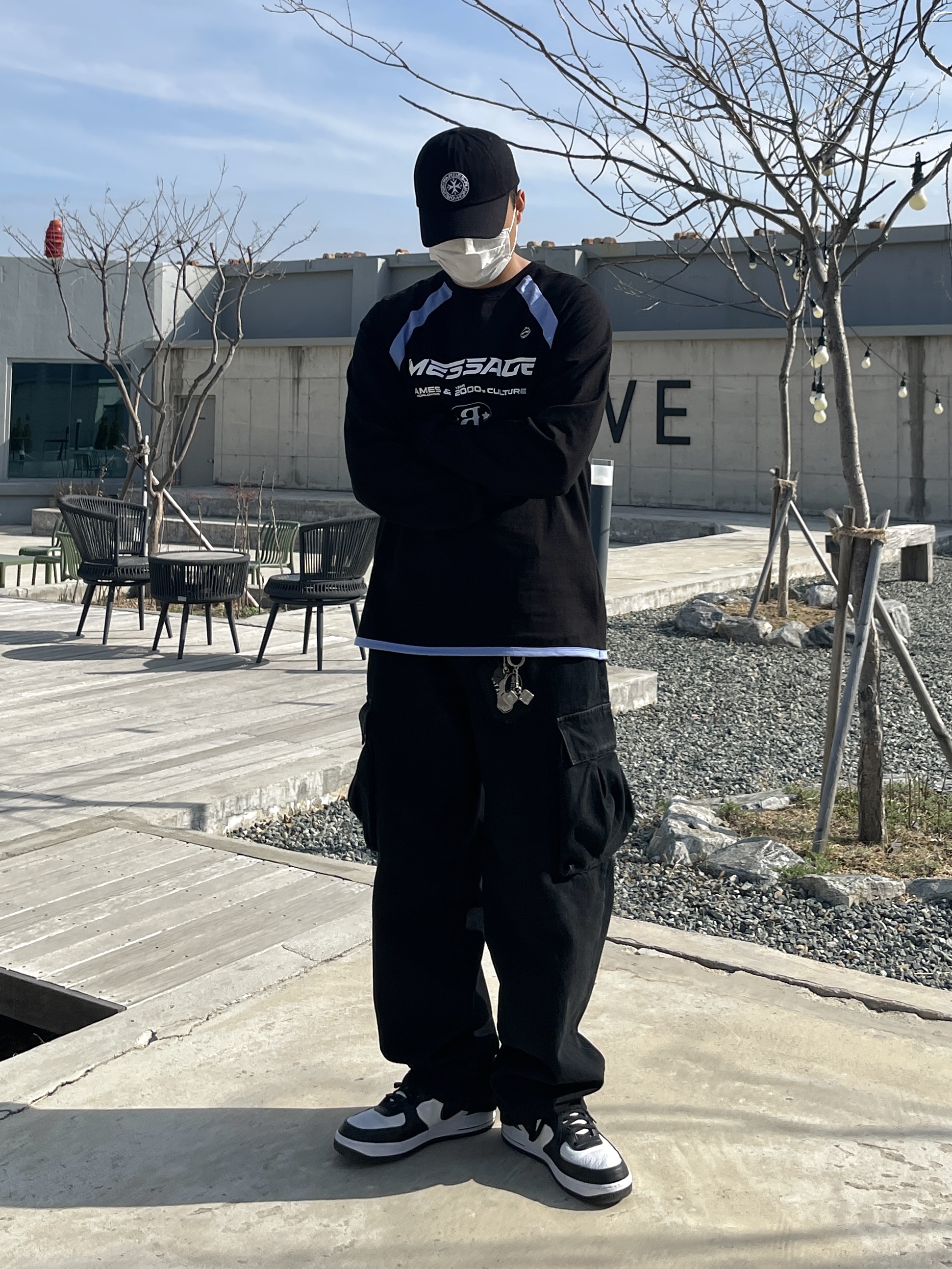 Punch Drunk Parties Circle Logo Cap Black, Nike x Stussy Air Force 1 '07 Mid SP Black and Light Bone 착용 스타일 - 2