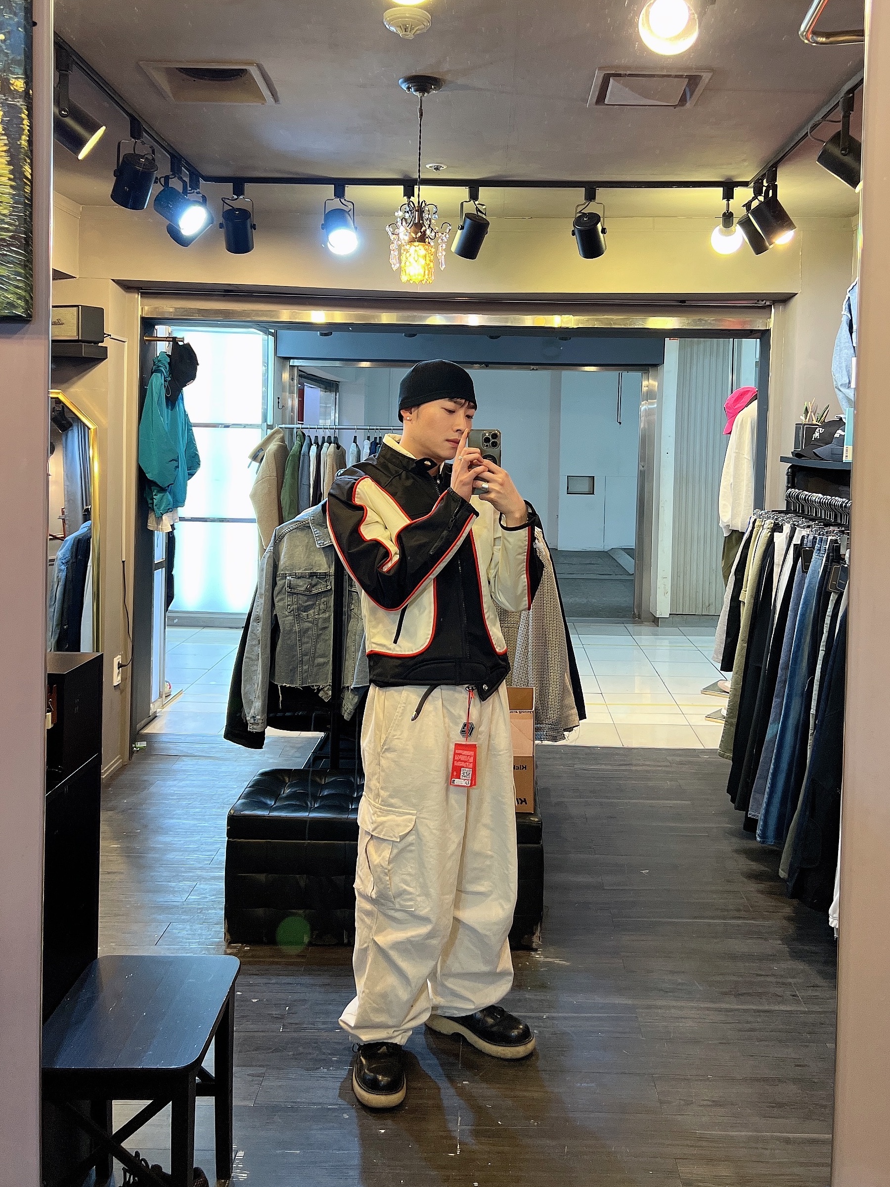 Diesel J-Blink Biker Jacket in Colour-Block Nylon Black White 착용 스타일 - 1