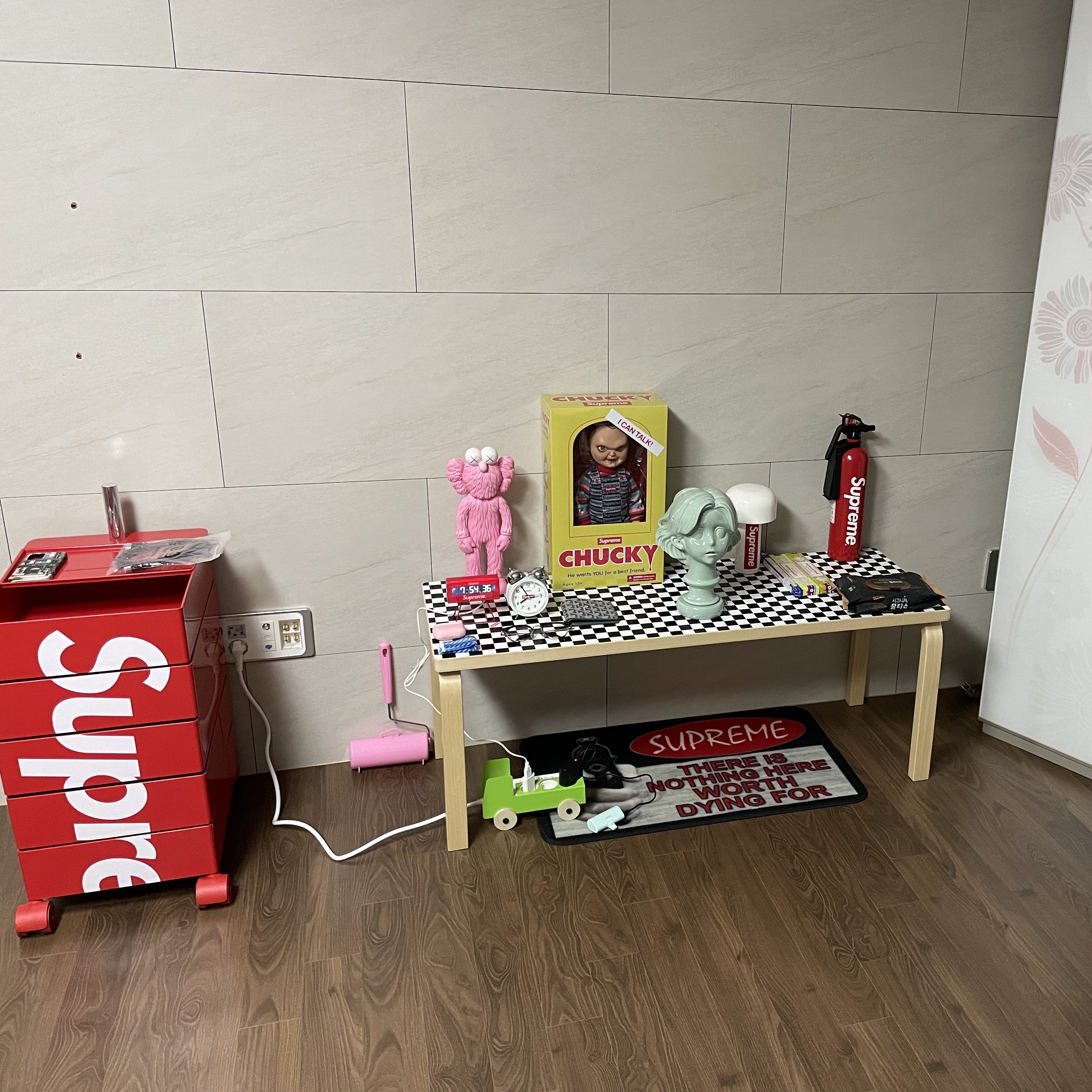 Stussy Welcome Mat Cocoa, Jordan 1 x Travis Scott x Fragment Retro Low OG SP Military Blue 착용 스타일 - 3