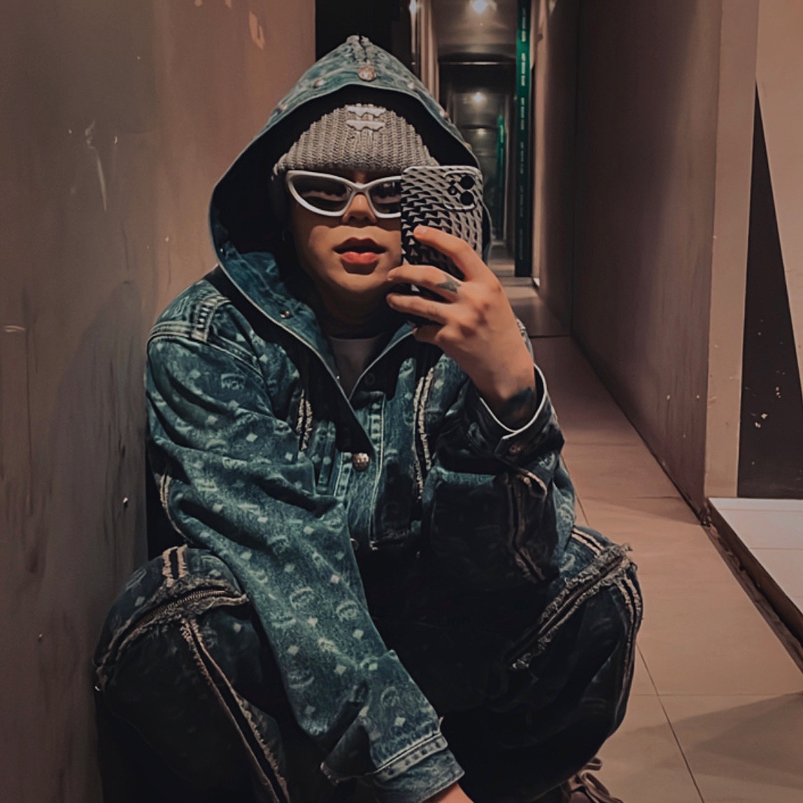 Thug Club x MCM Zip Denim Pants Blue, Thug Club x MCM Bullet Denim Jacket Blue 착용 스타일