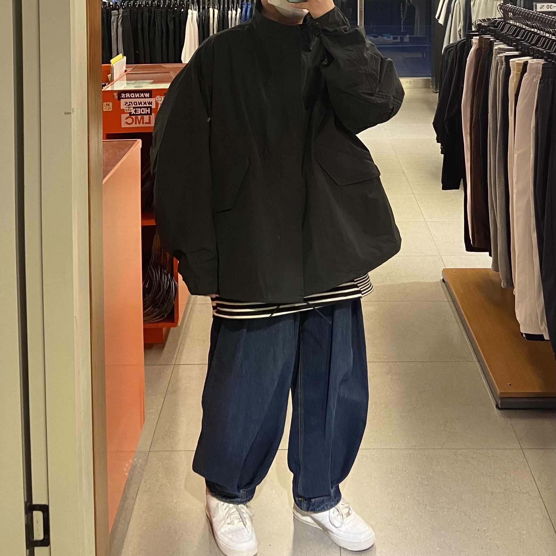 Freak's Store M-65 Short Mods Coat Liner Set Black, Zara x Ader Error Wide Leg Jeans Blue 착용 스타일