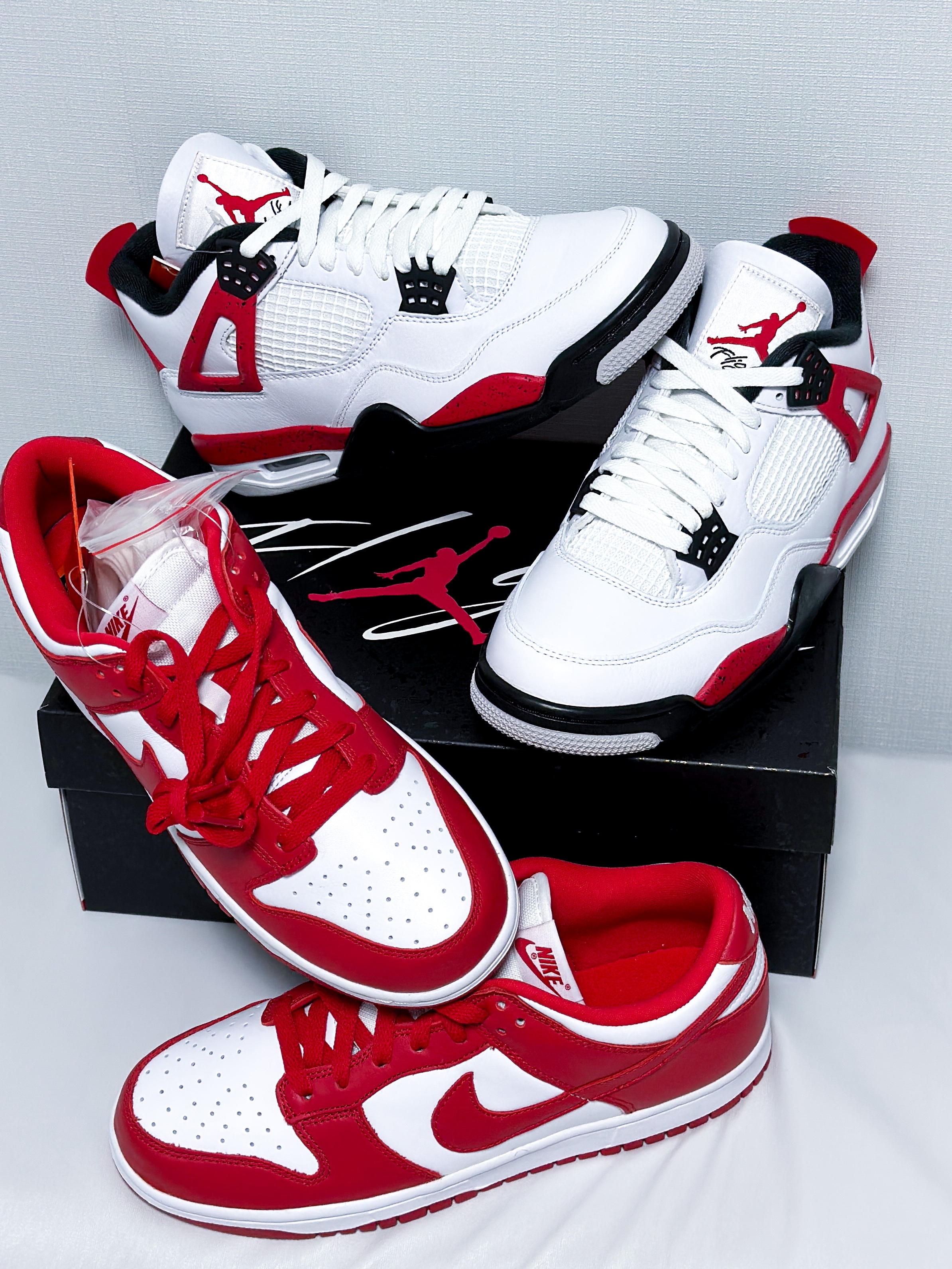 Jordan 4 Retro Red Cement, Nike Dunk Low SP White and University Red 2023 착용 스타일