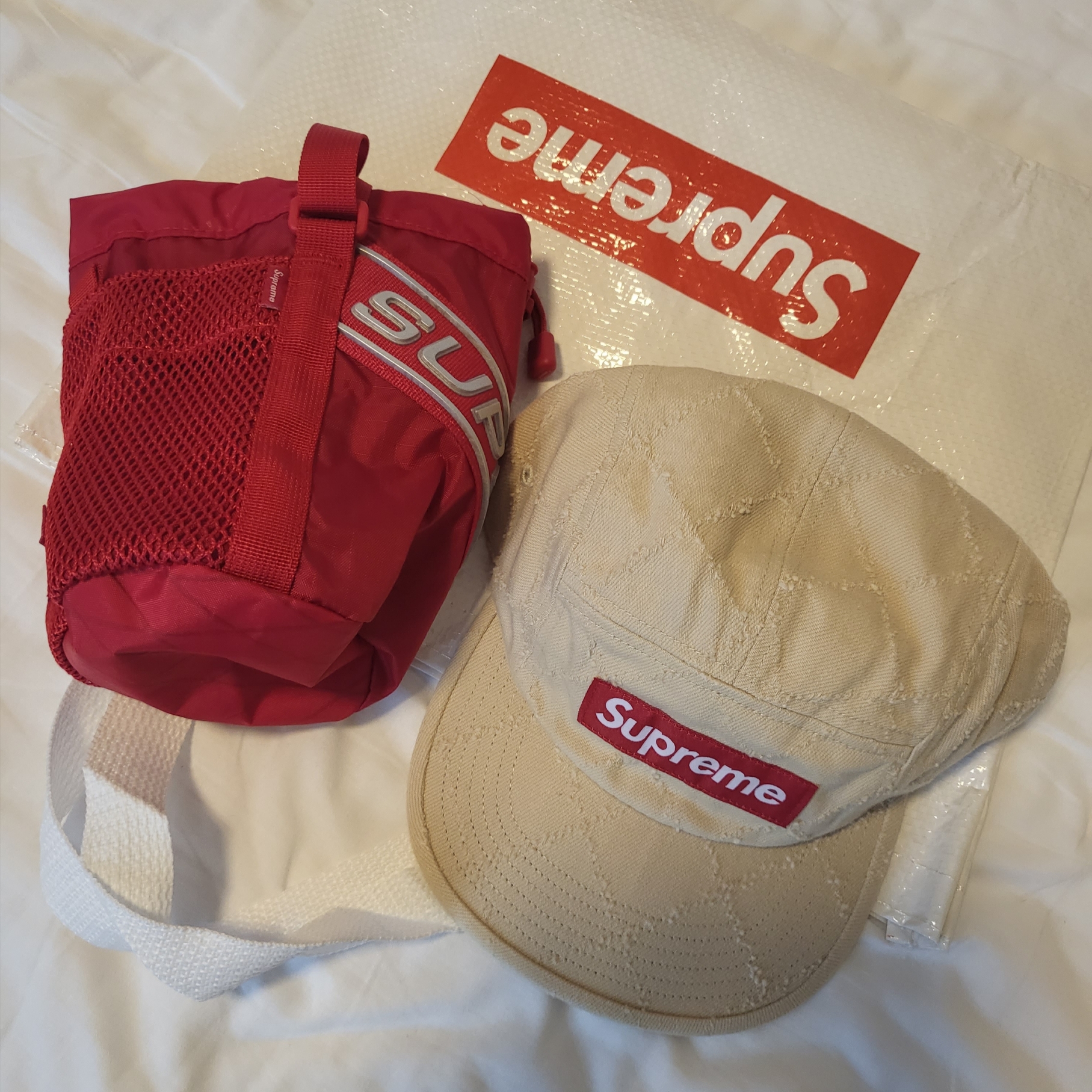 Supreme Punched Denim Camp Cap Dyed Beige - 23FW 착용 스타일