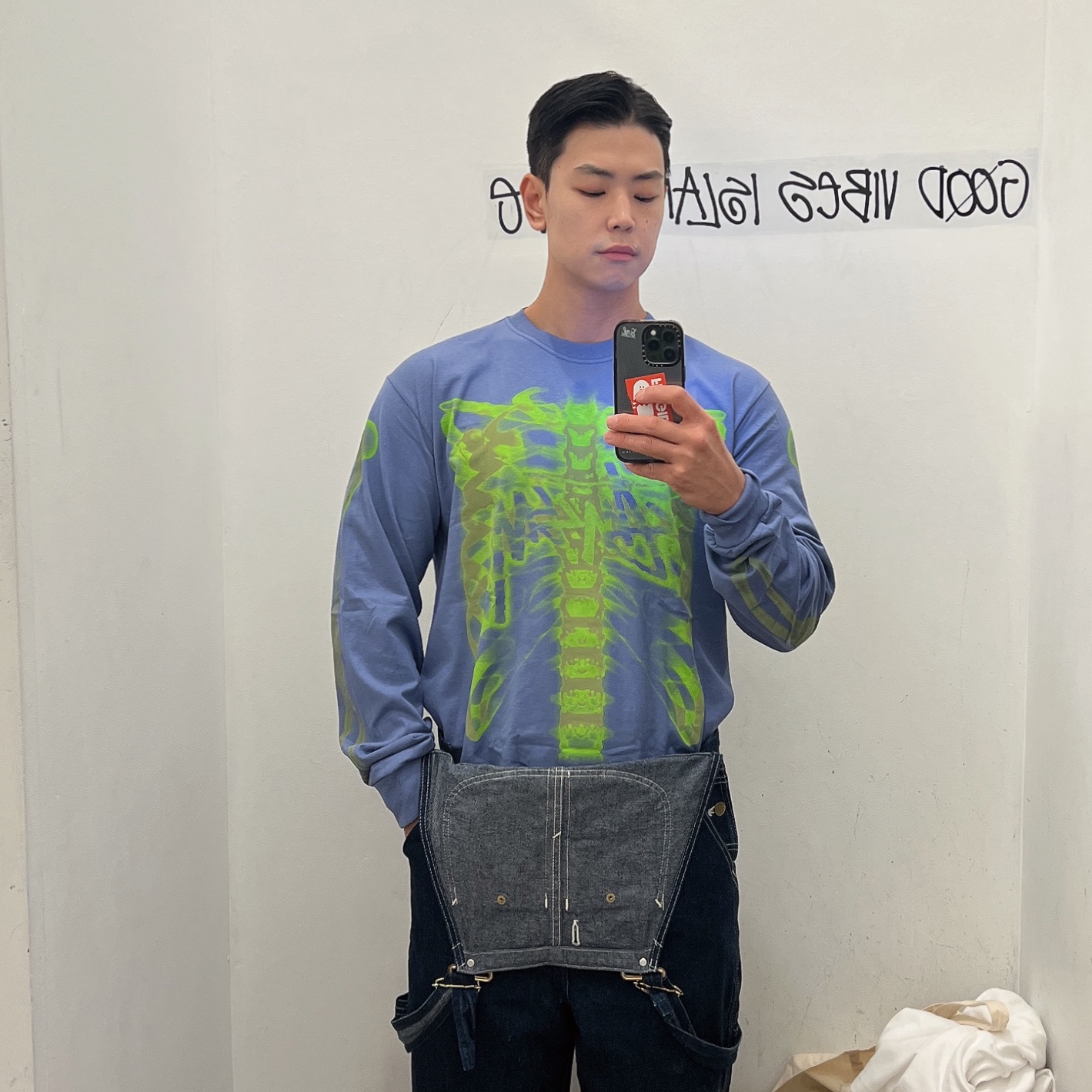 Stussy Rib Cage LS T-Shirt Storm 착용 스타일