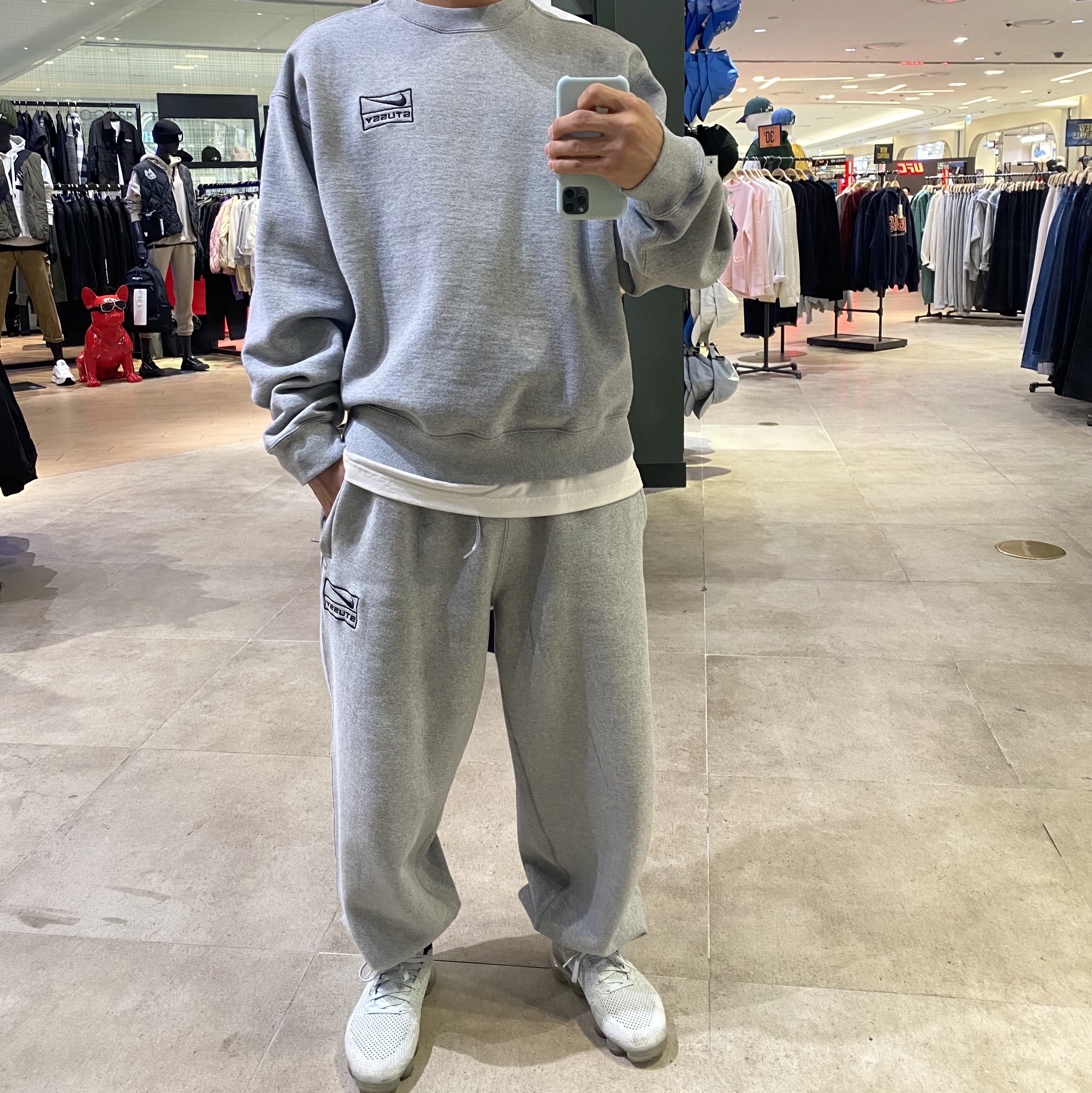 Nike Air VaporMax Pure Platinum, Nike x Stussy NRG Fleece Pants Dark Grey Heather (DO9340-063) 착용 스타일