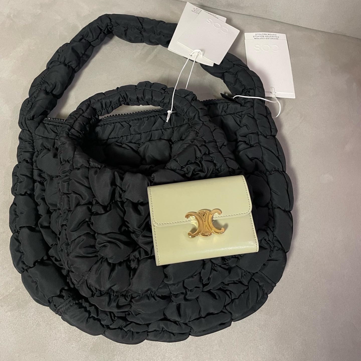 Celine Compact Wallet with Coin Triomphe in Shiny Calfskin Black, COS Quilted Micro Bag Black 착용 스타일 - 2