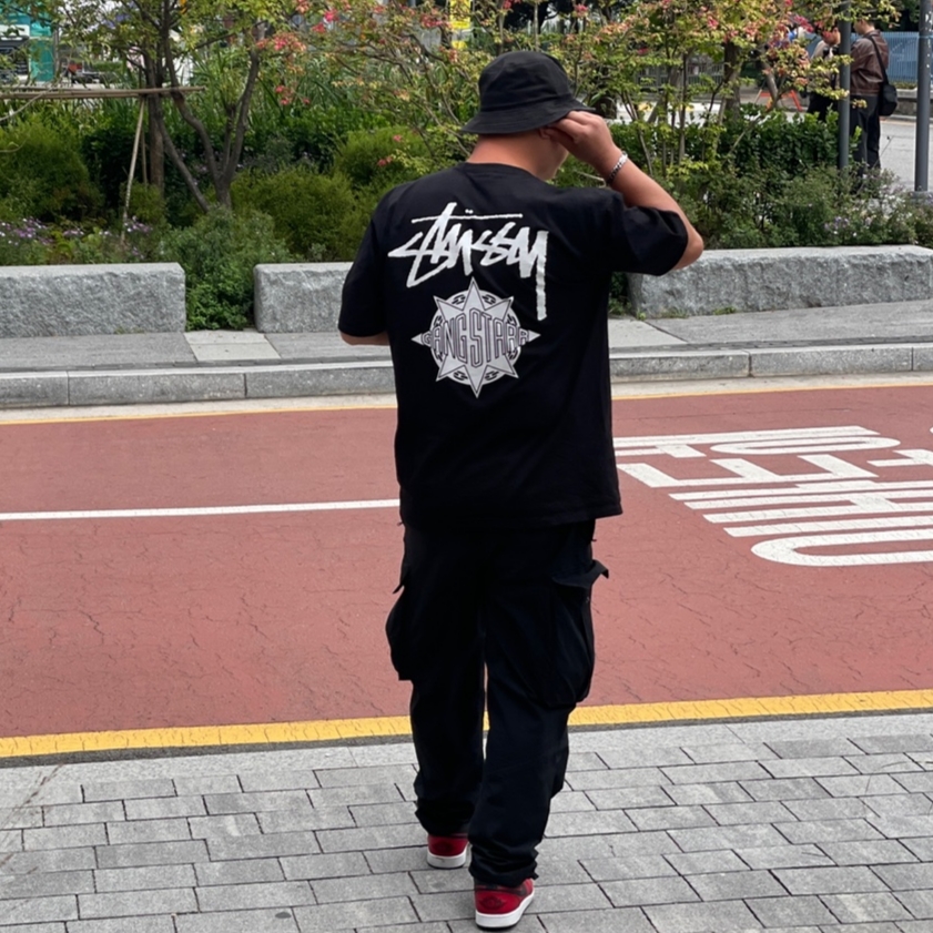 Stussy x Gang Starr Take It Personal T-Shirt Black, Stussy Big Stock Bucket Hat Black 착용 스타일