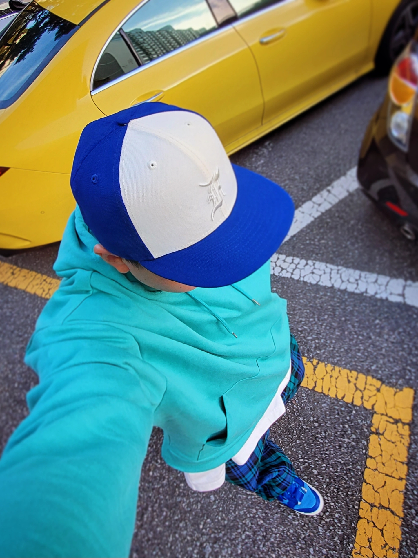 Nike Air Dunk Jumbo University Blue, Essentials x New Era Sized Cap Light Royal 착용 스타일 - 2